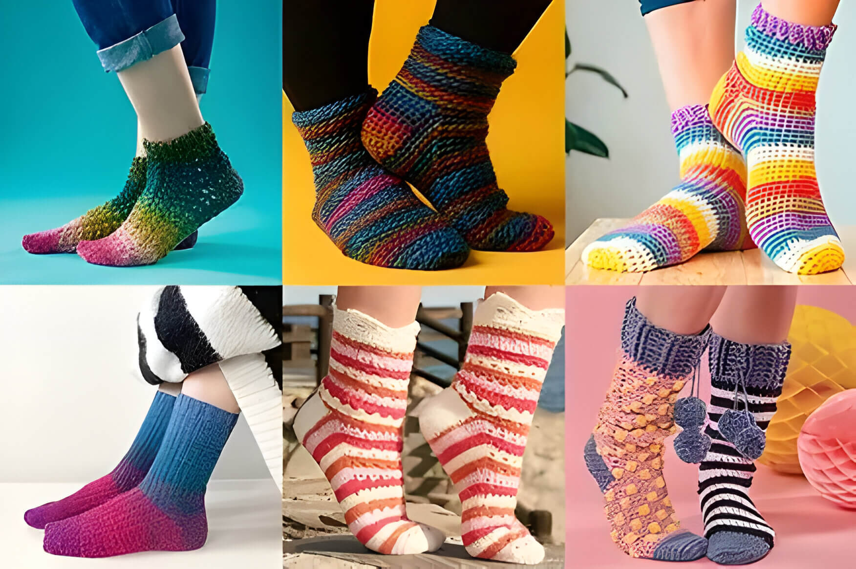 6 images of brightly coloured and patterned striped crochet socks