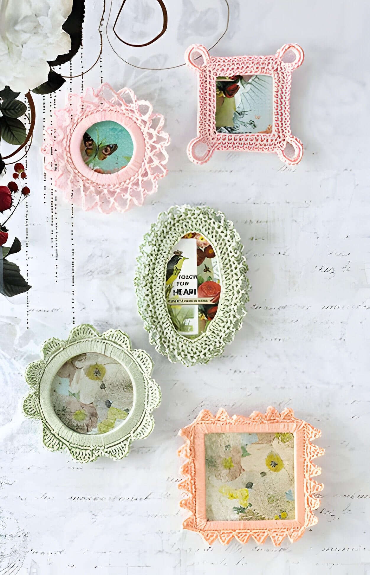 5 crochet photo frames, pink, green and orange