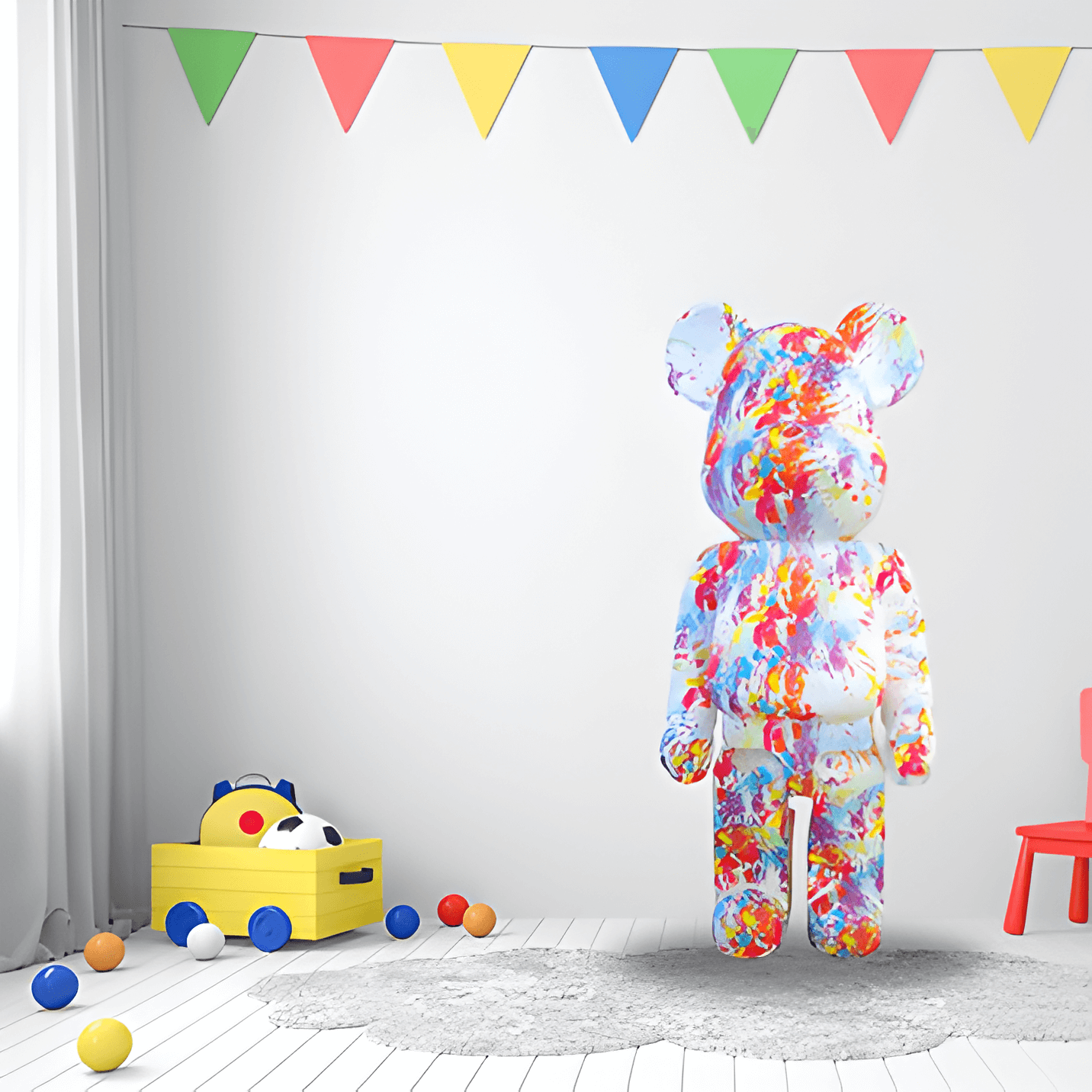 a multi coloured splattered giant bear sculpture situated in a children play room with coloured bunting
