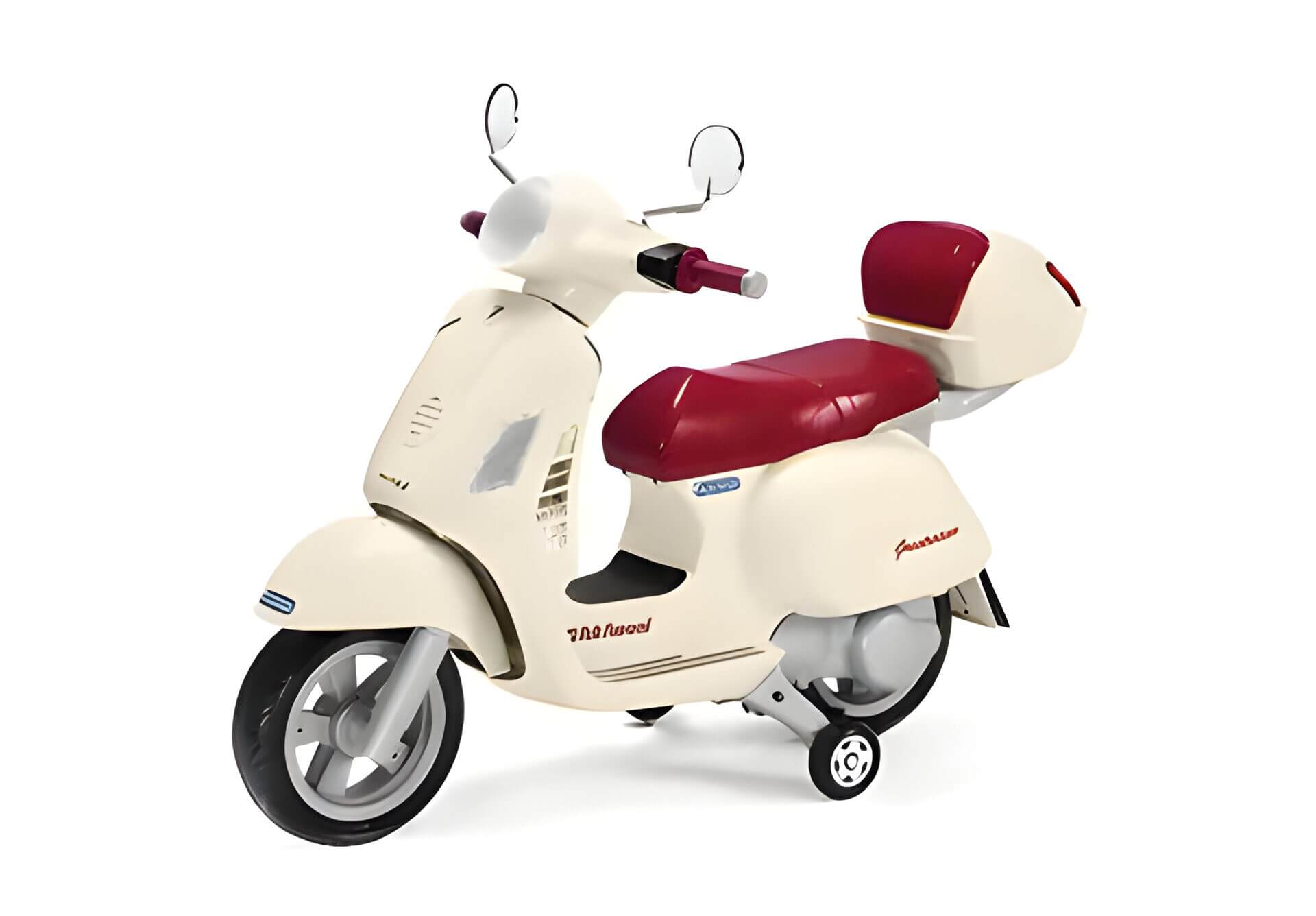 a cream vespa bike with a red seat