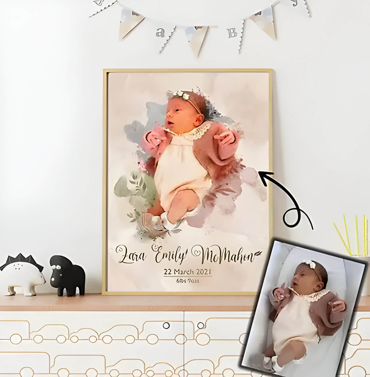 A colour portrait of a baby, on a shelf