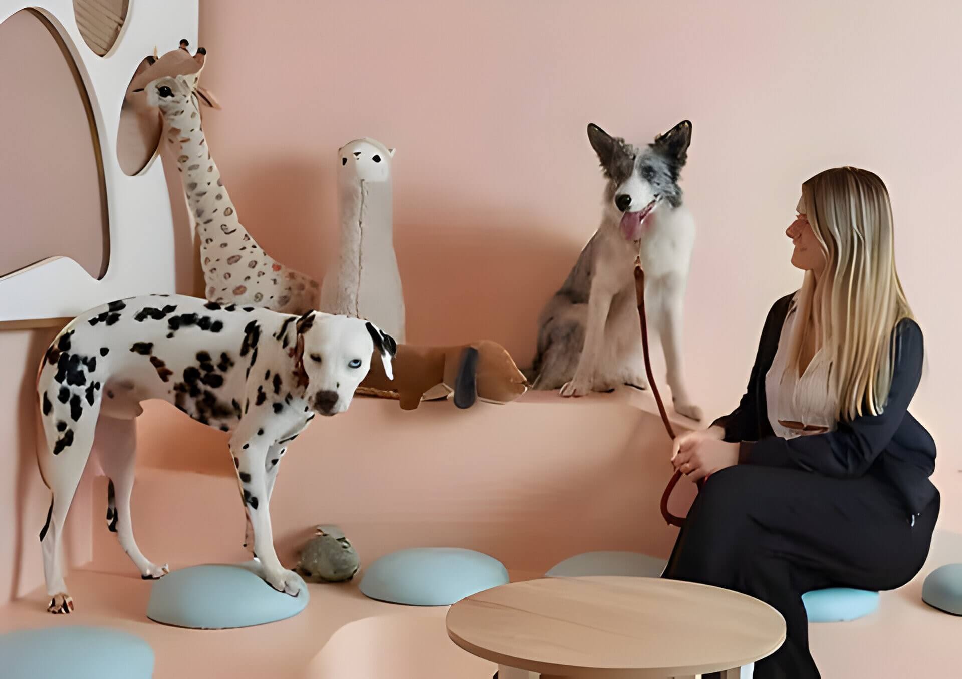 A lady with 2 dogs in a cafe