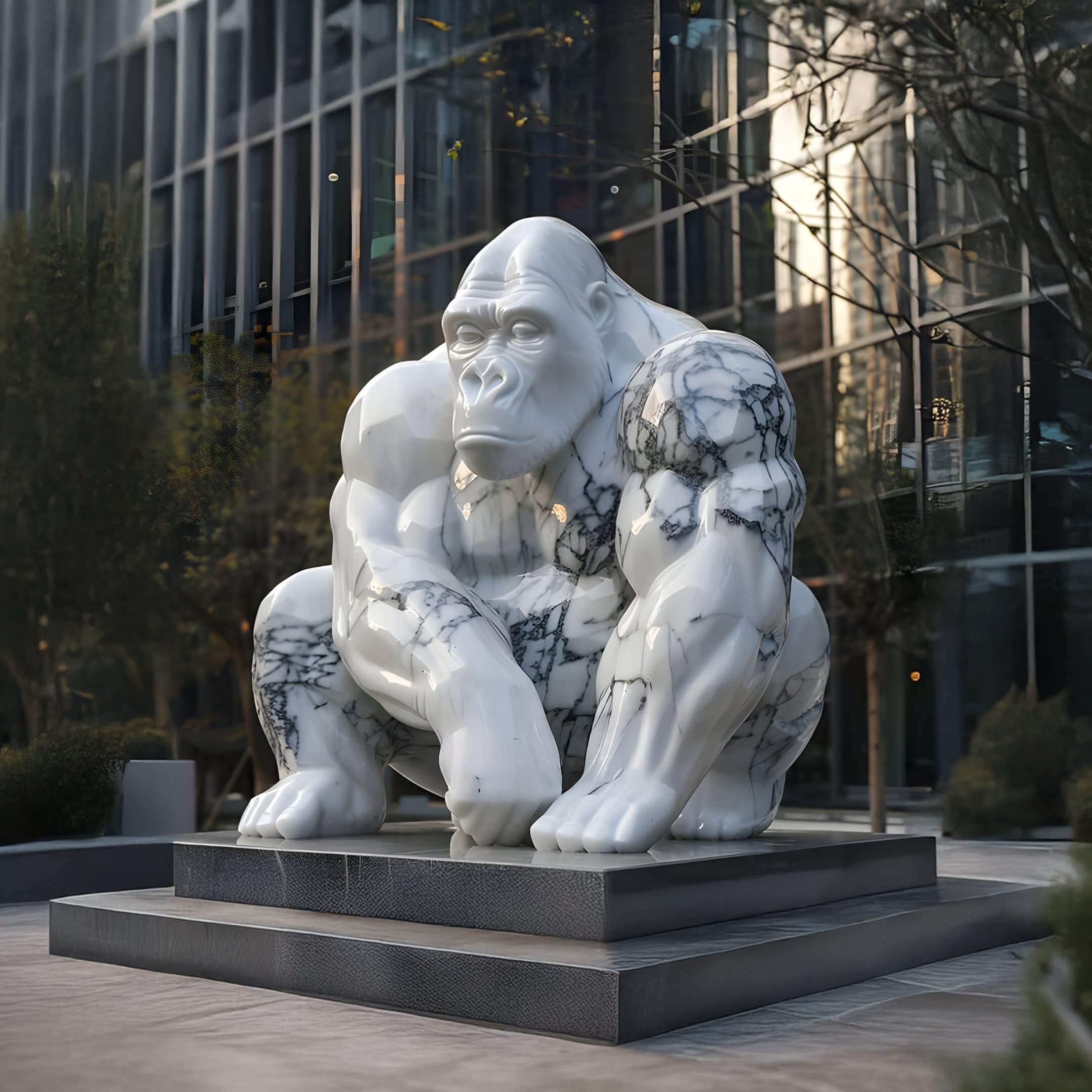 The 220cm White Veined Gorilla Marble Outdoor Sculpture by Giant Sculptures stands on a platform amid modern glass buildings and trees. Its expressive face, suggesting deep contemplation, makes it a striking blend of urban art and nature.