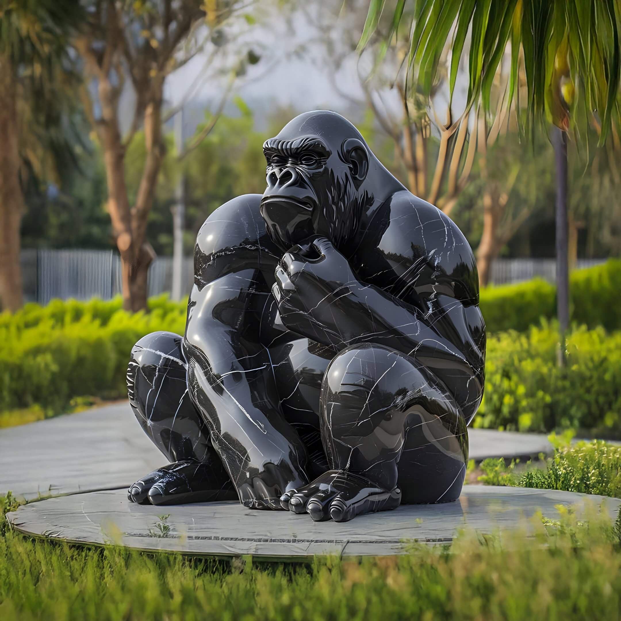 The Ebony Watchful Gorilla Marble Outdoor Sculpture by Giant Sculptures, crafted in shiny black marble and standing 80cm tall, sits thoughtfully with one hand on its chin. Positioned on a circular platform, it reflects light amidst park greenery and palm trees, highlighting its intricate details.