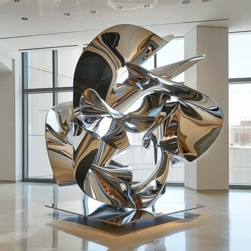 Shiny abstract stainless steel sculpture with curved, interlocking forms displayed in a modern indoor gallery with large windows and polished floors.