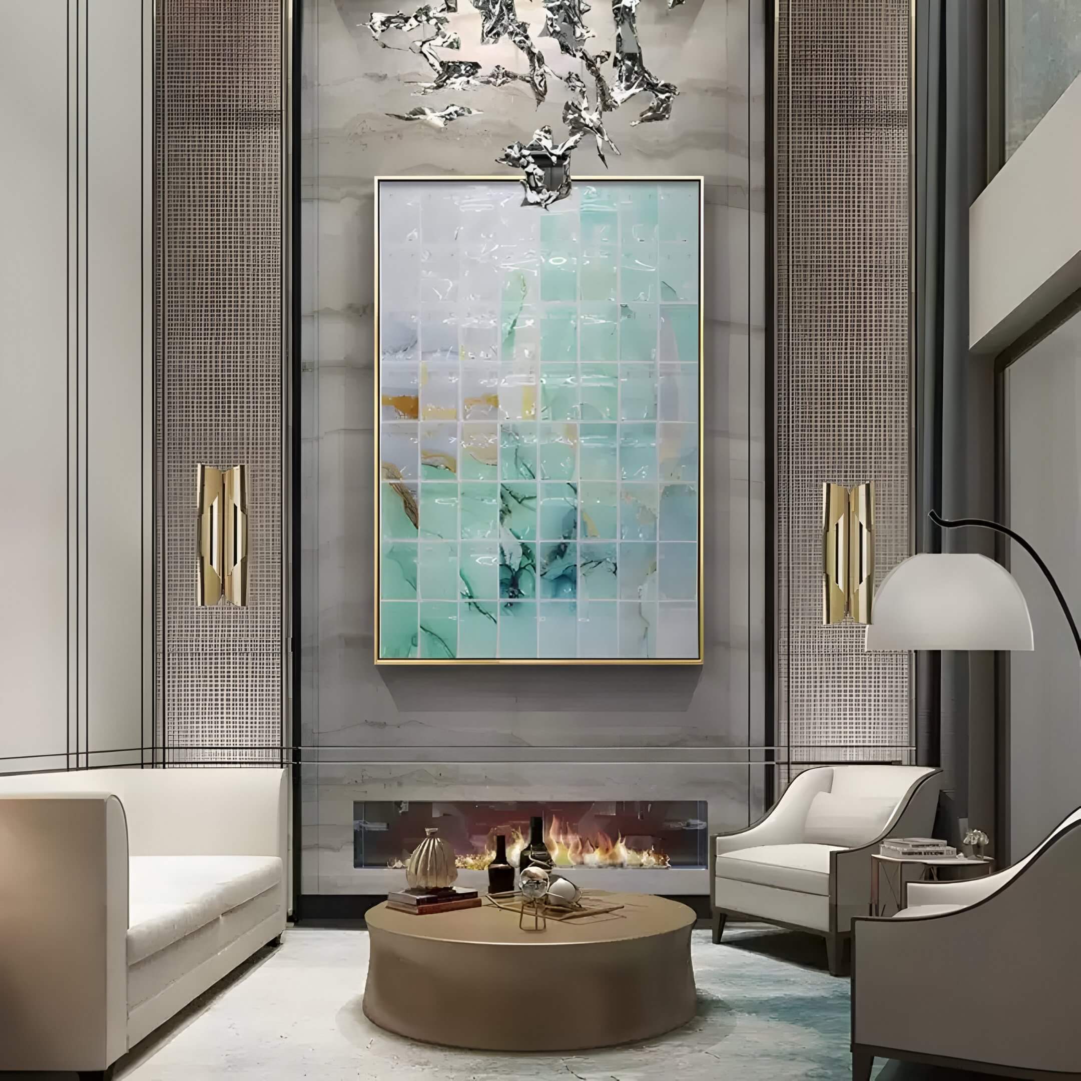 Framed abstract turquoise and white 3D acrylic wall art with grid pattern, displayed in a luxurious living room with marble walls, fireplace, round coffee table, and modern armchairs.