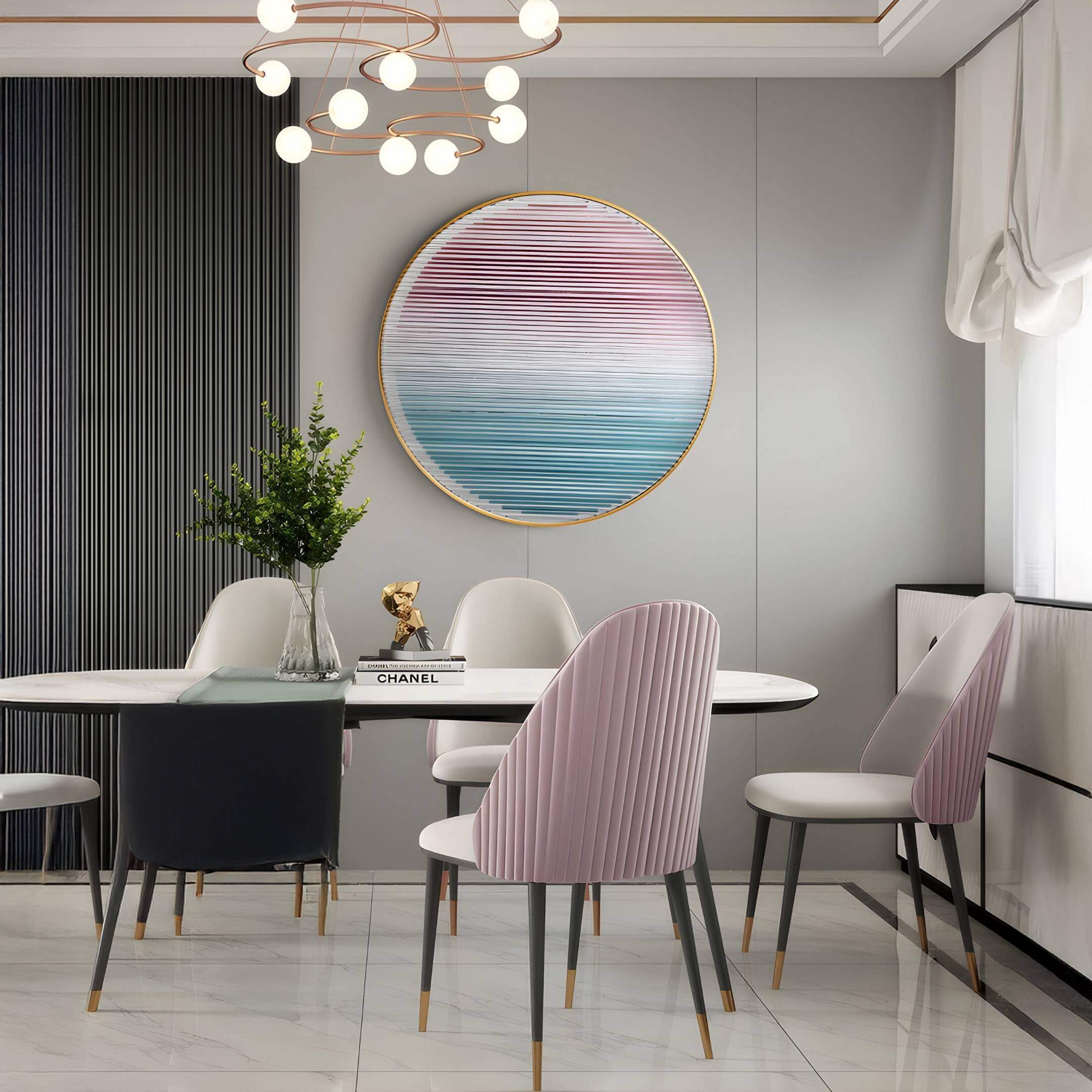 Modern dining room featuring Orbiven Rose & Aqua Gradient Acrylic 3D Wall Art with circular ripple texture in pastel pink and blue, adding elegance above a marble dining table.