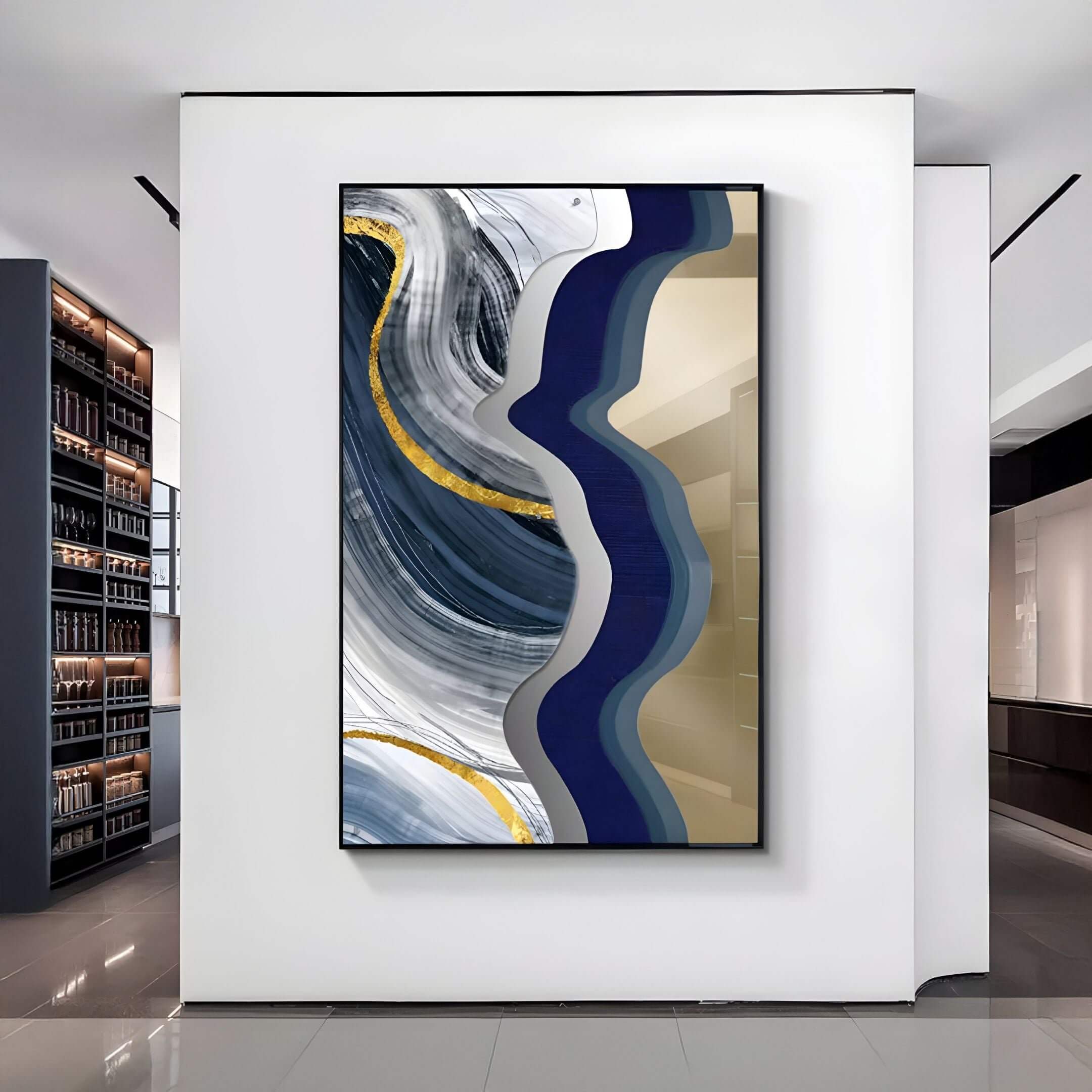 Modern hallway with a large Veridra Grey-Blue Wave & Gold Ribbon Acrylic 3D Wall Art, featuring fluid wave-like patterns in grey, deep blue, and metallic gold accents on a white background.