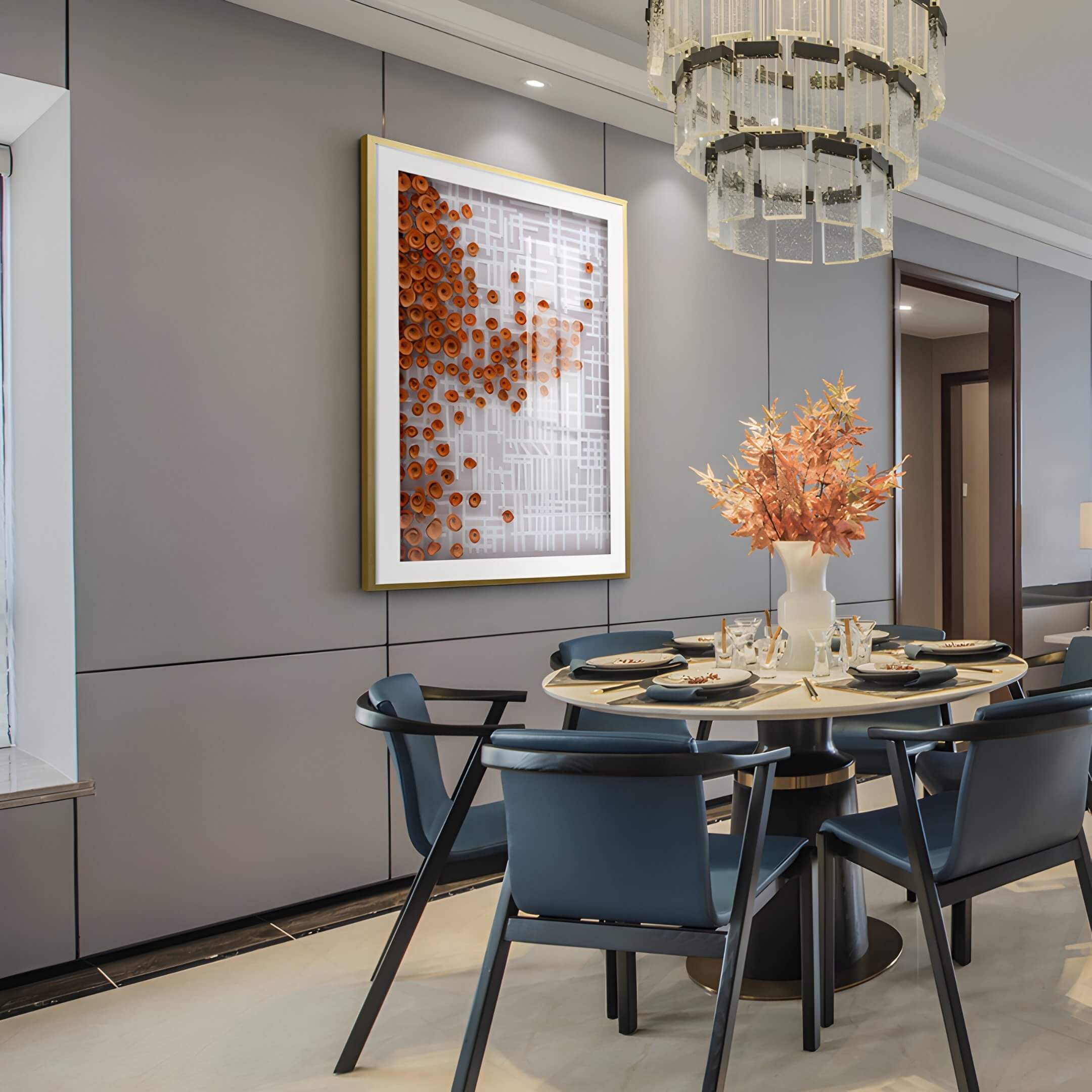 A modern dining room featuring Flourish II Red Floral 3D Wall Art, a sculptural composition of red rolled floral elements against a white geometric grid, framed in gold for a contemporary statement above the dining table.
