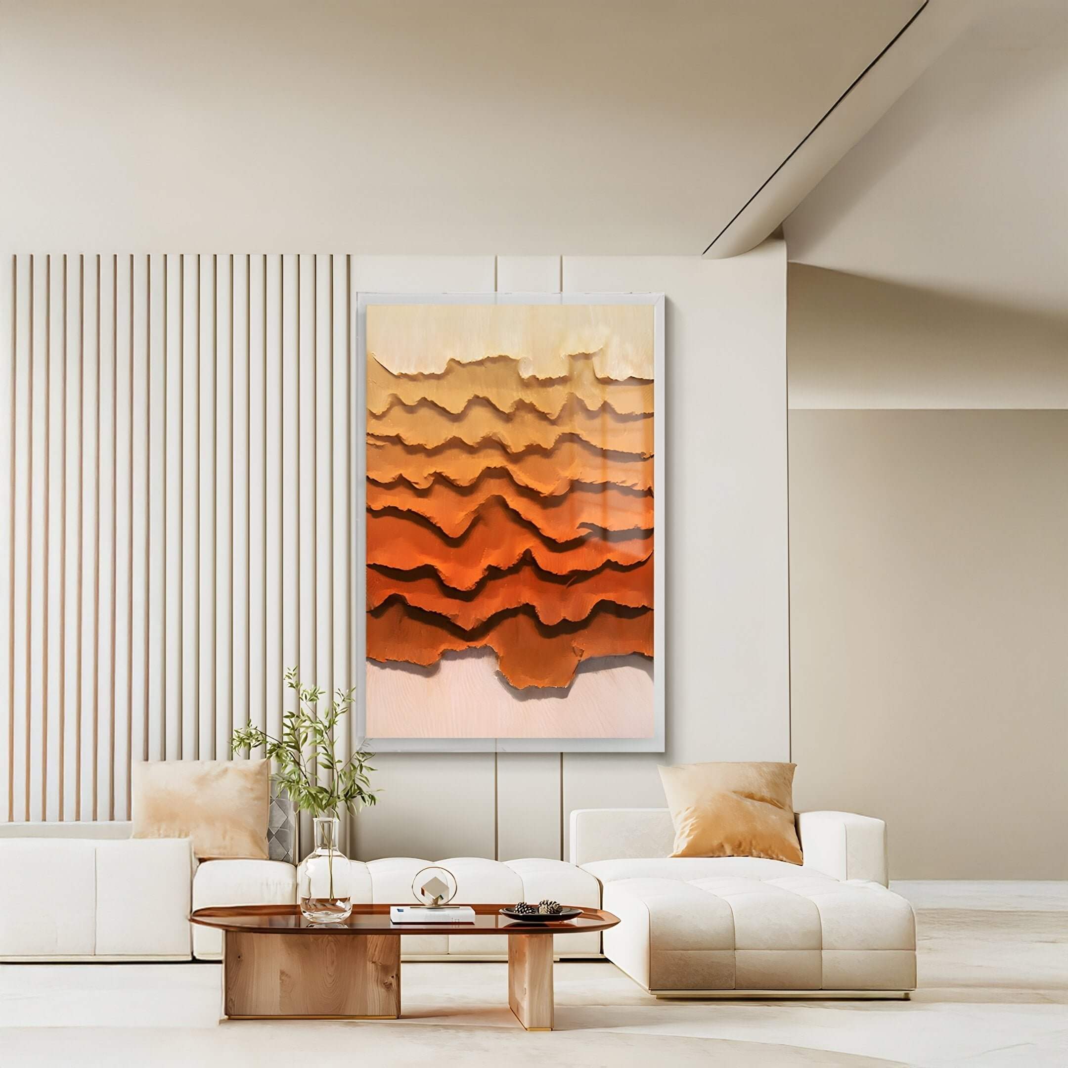 A modern living room featuring a vertical cardboard paper 3D wall art piece with layered wave textures in warm gradient tones of orange, brown, and beige, adding depth and warmth to a minimalist neutral interior.