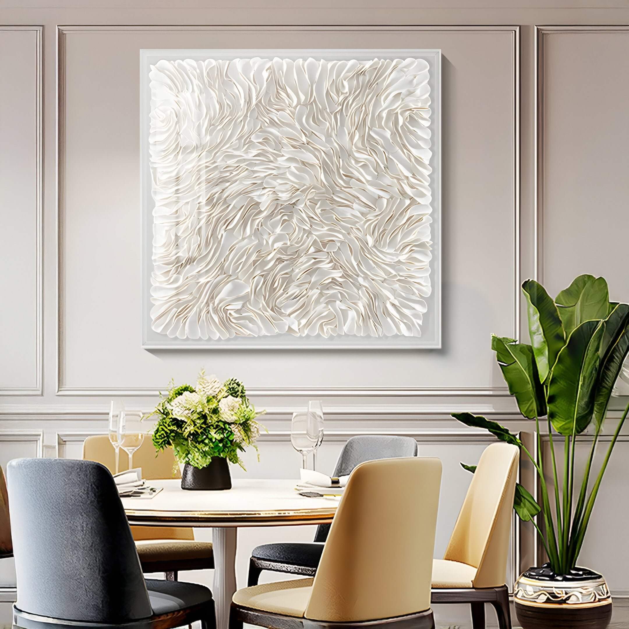 White ruffled leather 3D wall art with flowing petal-like textures in a modern dining room.