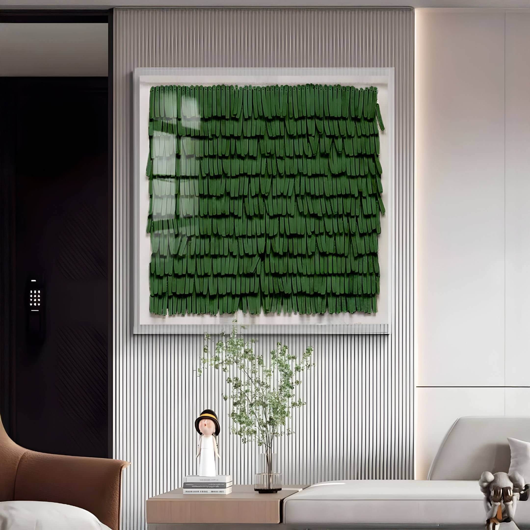 Frondra Green Layered Leather & Acrylic 3D Wall Art featuring cascading textured panels in a modern interior setting.