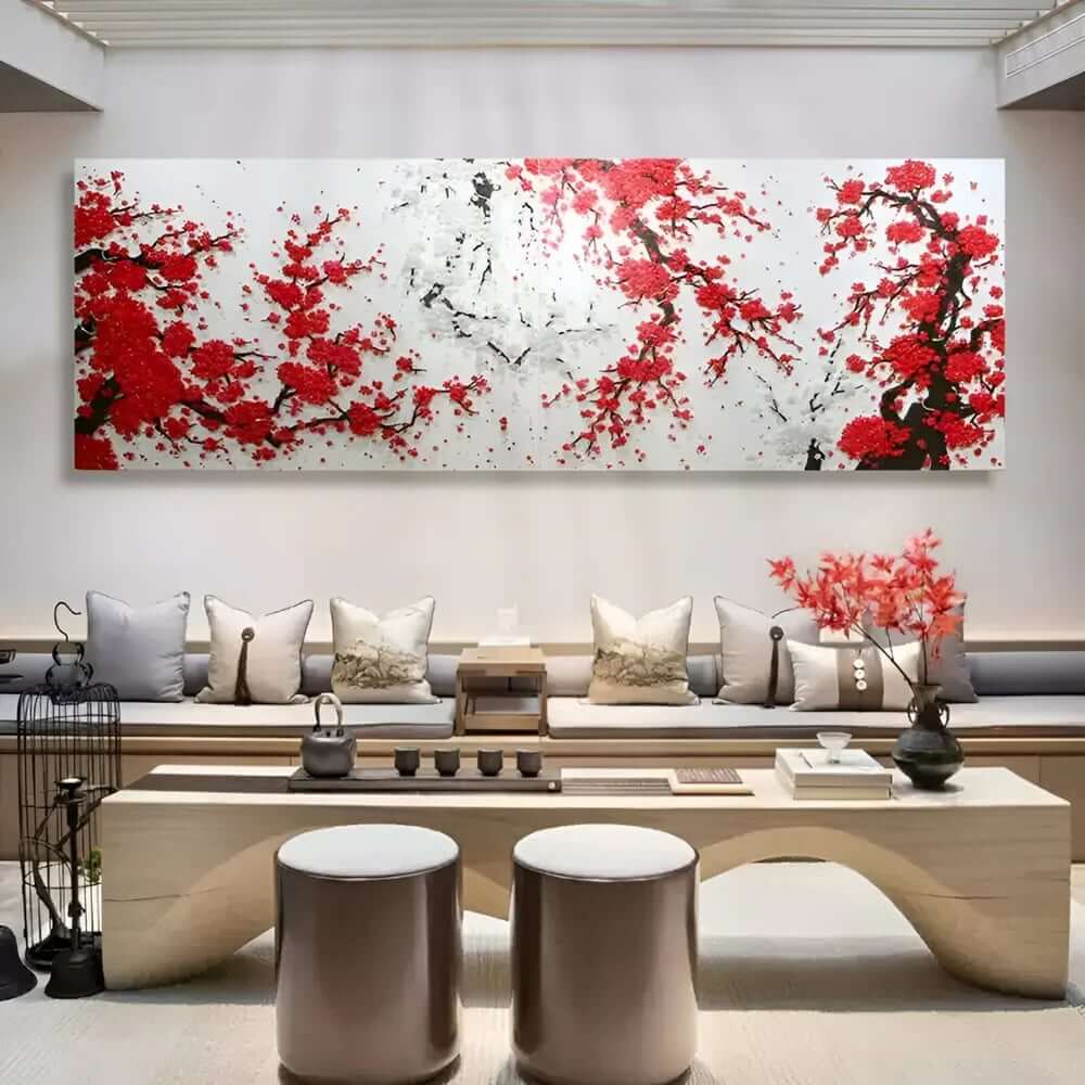 Large wall art featuring vibrant red cherry blossoms on dark branches against a light background, displayed above a minimalist modern living space.