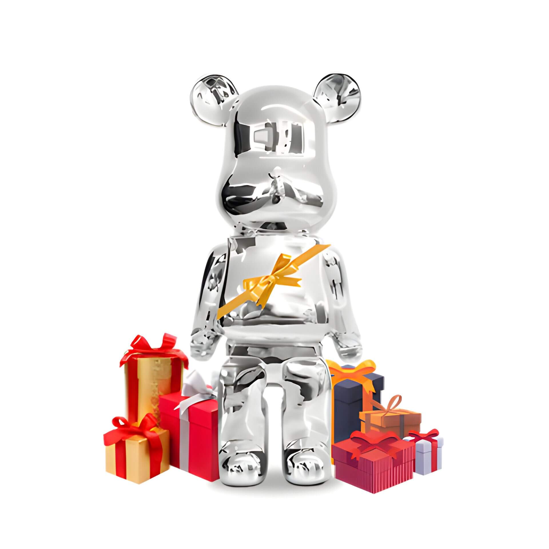 a Giant Bear sculpture with ribbons and gifts