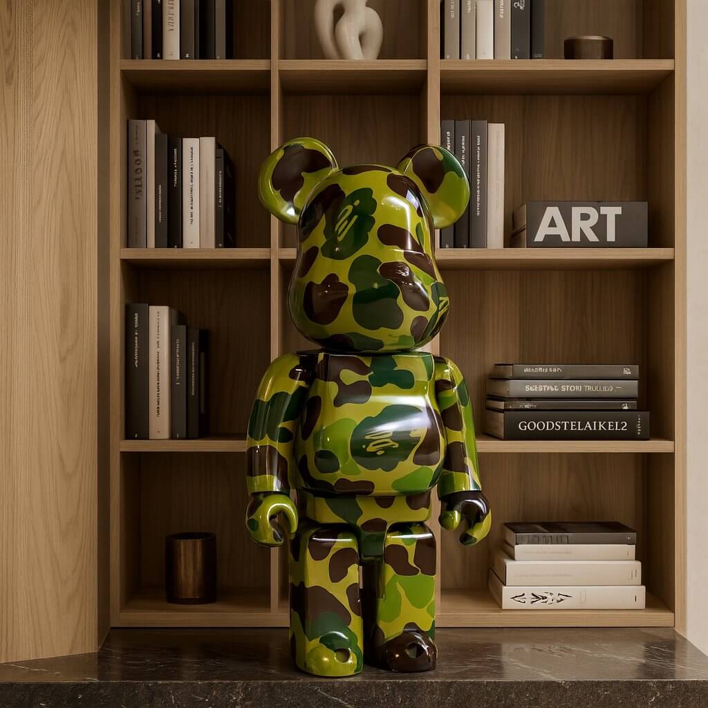 Forest Drift Bear Sculpture – 70cm camouflage bear statue in green, brown, and black tones, displayed in a modern home office against a wooden bookshelf with stacked books and decorative art objects.
