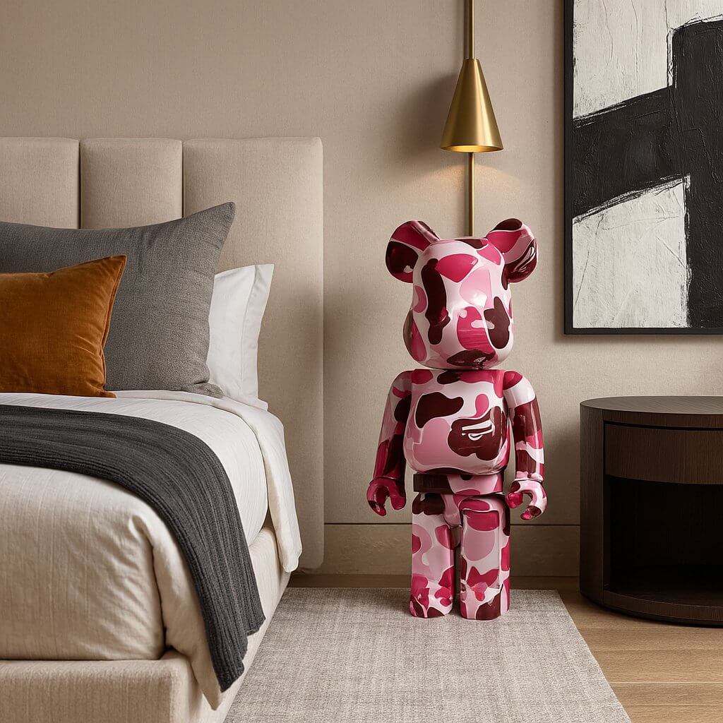 Roseate Drift Bear Sculpture – 70cm designer bear figurine in pink and red camouflage pattern, displayed beside a modern bed in a neutral-toned bedroom.