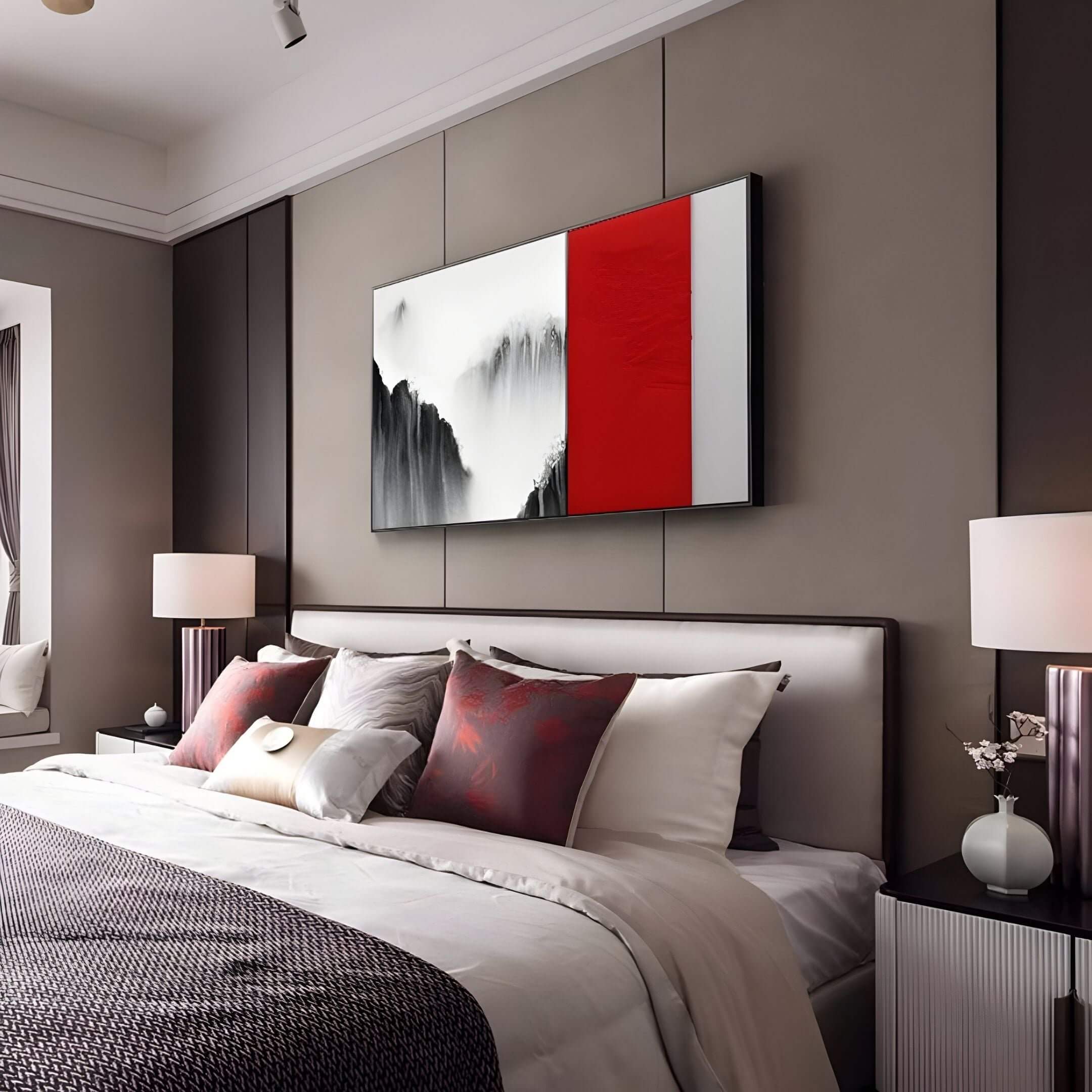 Ryushin Waterfall Mist Red Leather Carving 3D Wall Art above a modern bed with white and red pillows in a contemporary bedroom setting.