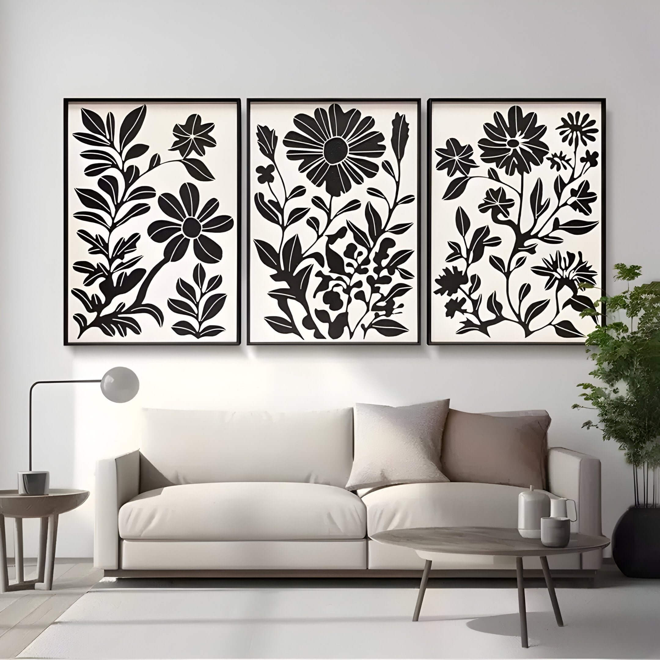 A minimal living room featuring Florentia II Black & White Wood Carving 3D Wall Art with three floral panels above a beige sofa, showcasing modern flower and plant-inspired relief designs.