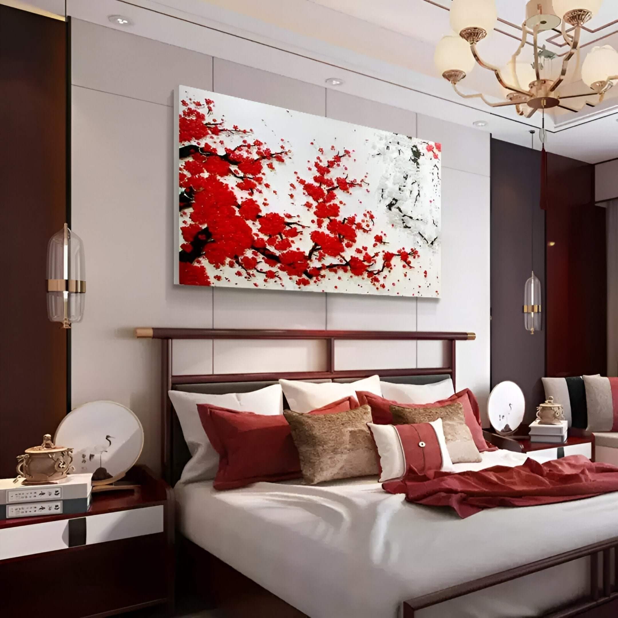 A modern bedroom featuring a Red & White Blossom 3D Button Wall Art above the bed, complementing the red and neutral decor with an elegant Asian-inspired floral design.