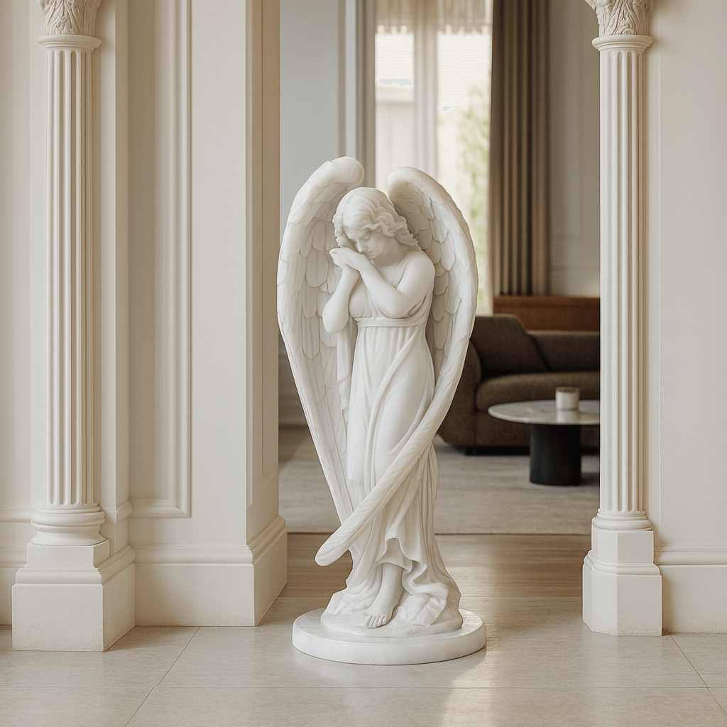 White marble angel sculpture with folded wings and serene pose displayed in an elegant indoor setting.