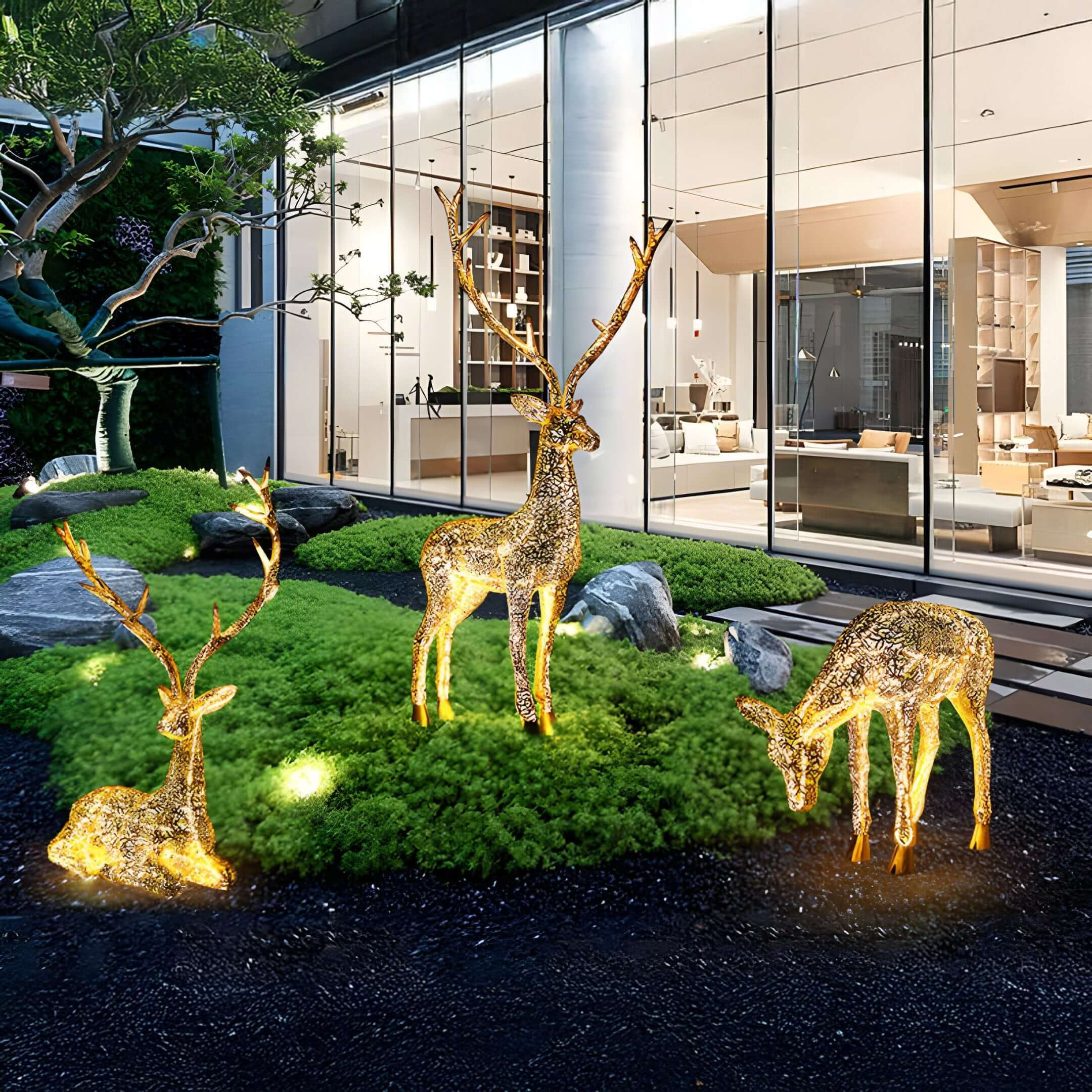 Illuminated decorative deer statues, similar to the Luminous Stag Gold Steel LED Sculpture by Giant Sculptures, are set on a garden lawn outside a glass-walled building. These sculptures emit a warm glow, enhancing the festive night time ambiance.