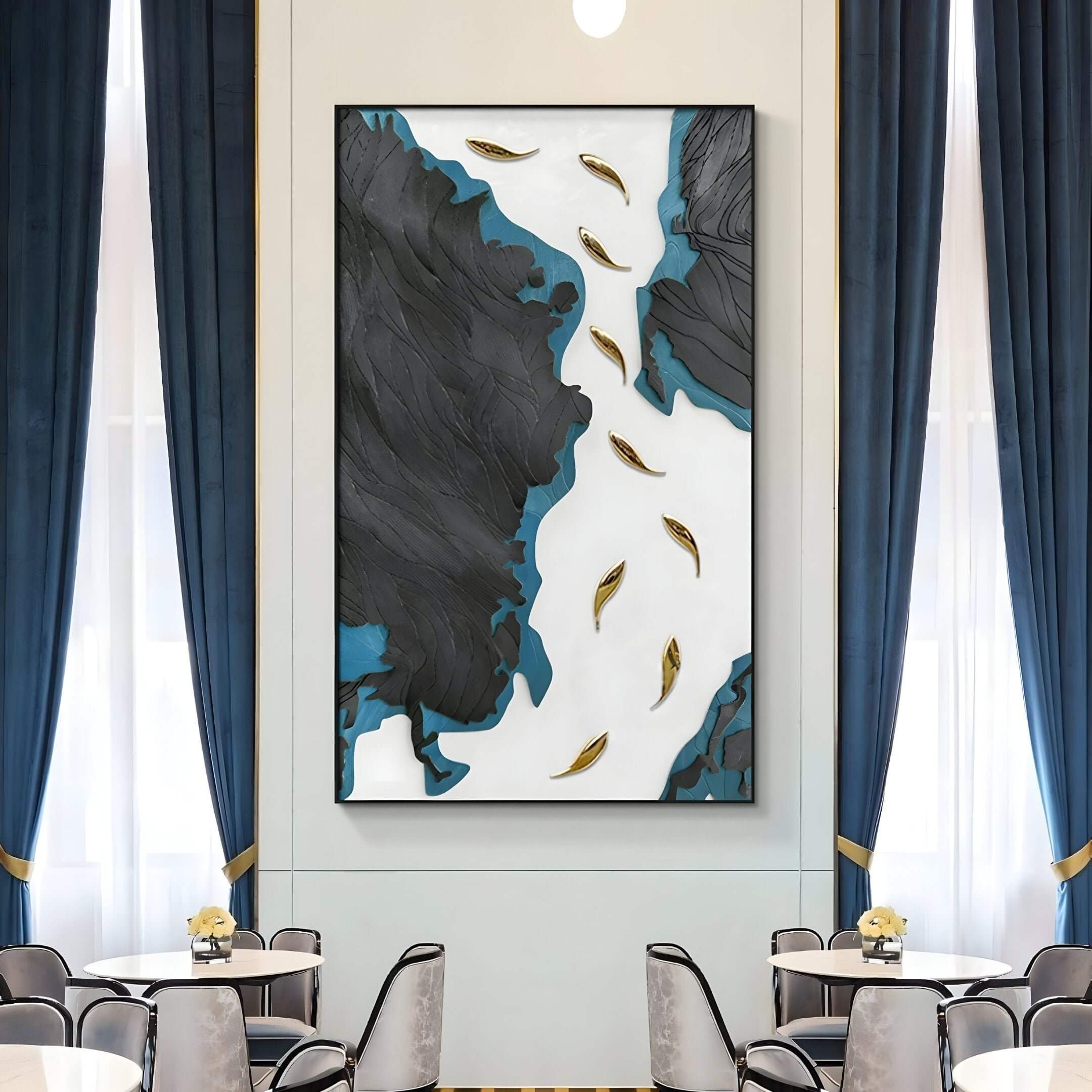 Dining room art featuring abstract black and blue textured mountains with flowing golden fish shapes.