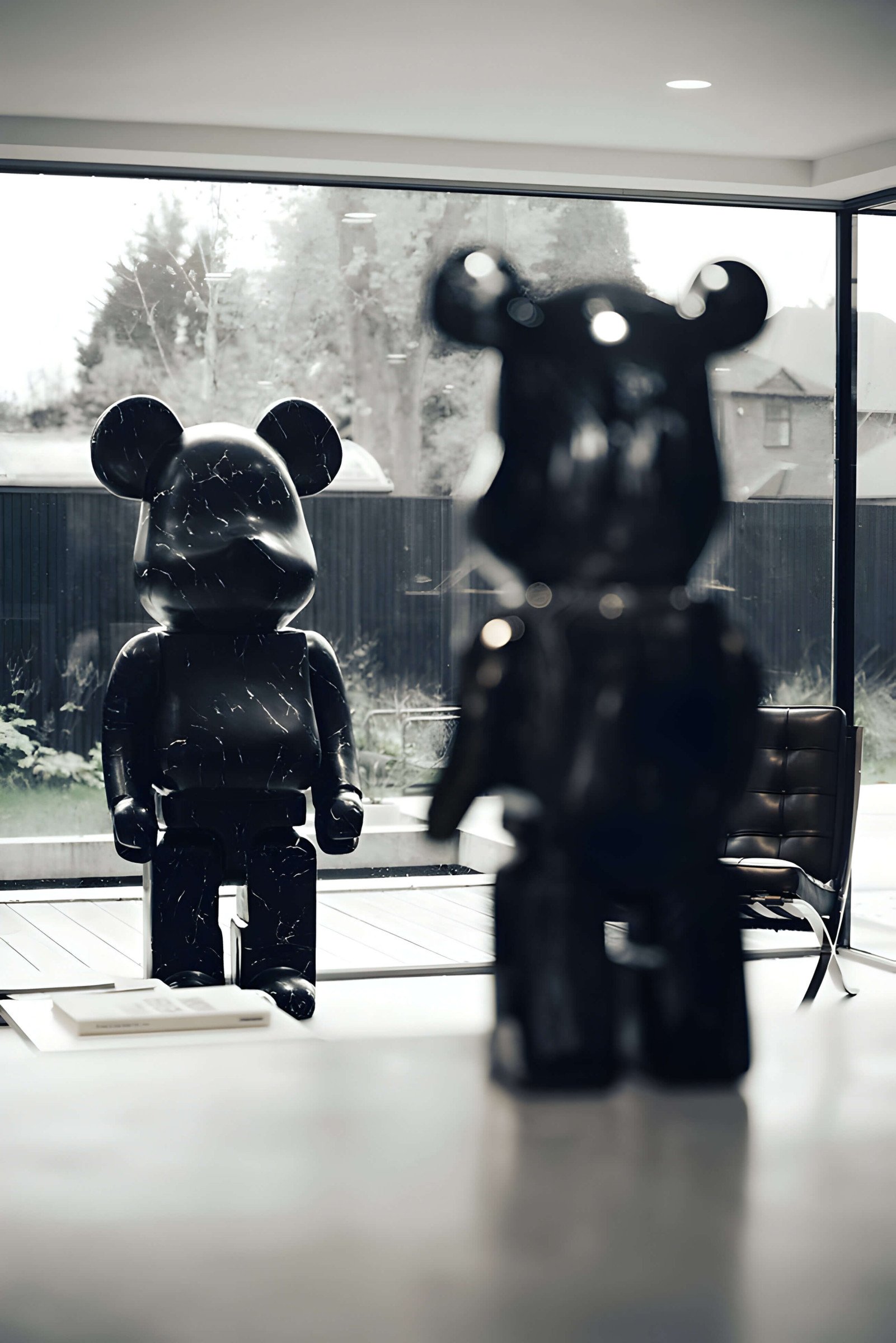 2 giant bear sculptures facing each other inside a house