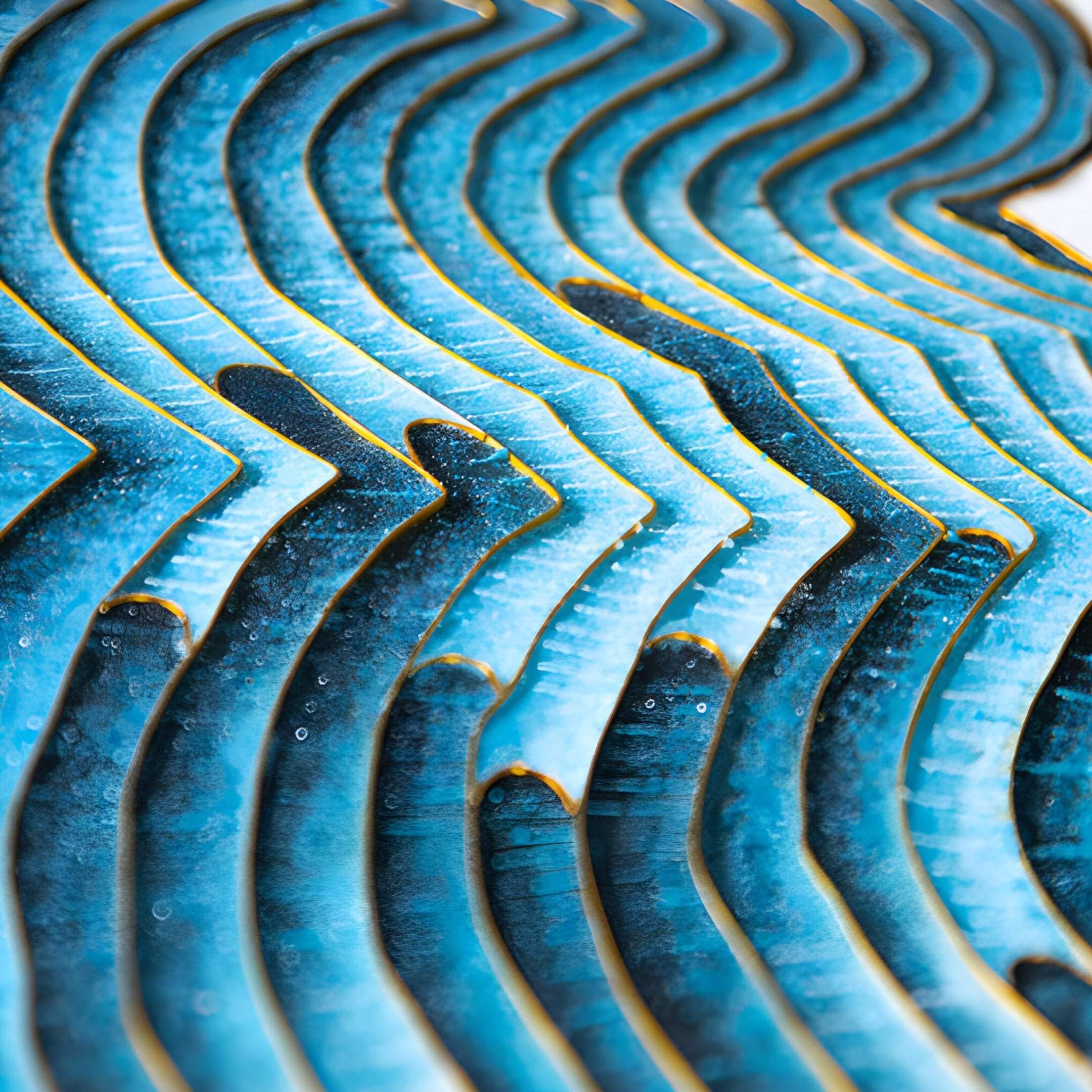 https://The Auric III Blue Wave Abstract Copper Wire Enamel Round Wall Art by Giant Sculptures features an intricate pattern of overlapping blue and teal curved shapes with a textured, glossy surface. The wave-like design, accented with copper wire enamel edges, creates a captivating dynamic visual effect.