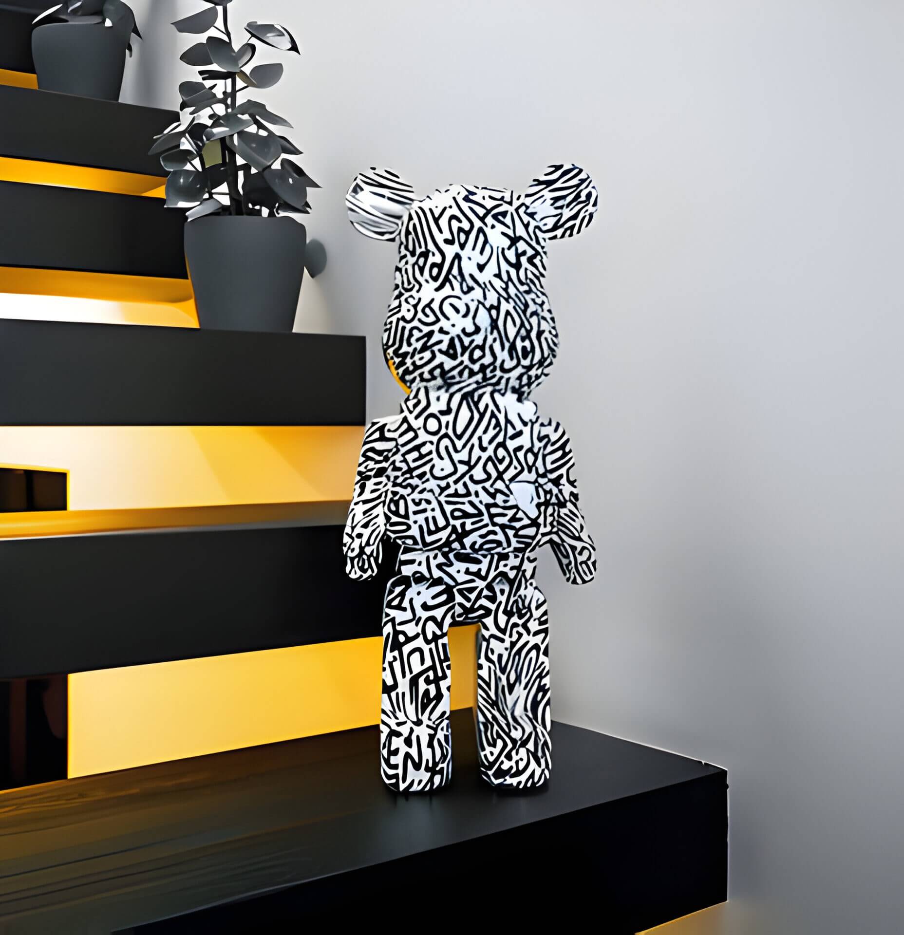 a scribble giant bear sculpture on a modern staircase