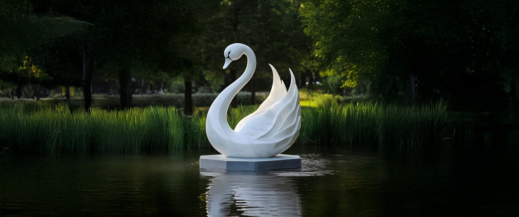 Swan Garden Sculpture on a Pond – A white swan sculpture with curved wings, floating on water, surrounded by lush greenery.