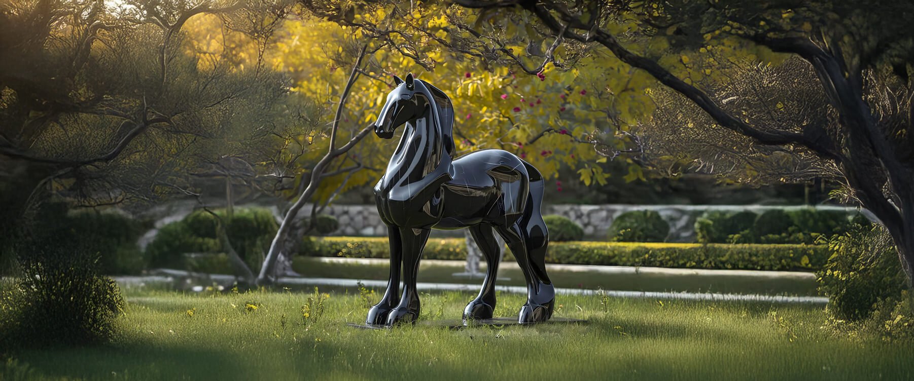 Majestic black horse garden sculptures in a landscaped park – Life-sized black horse statues standing gracefully in a lush garden setting.