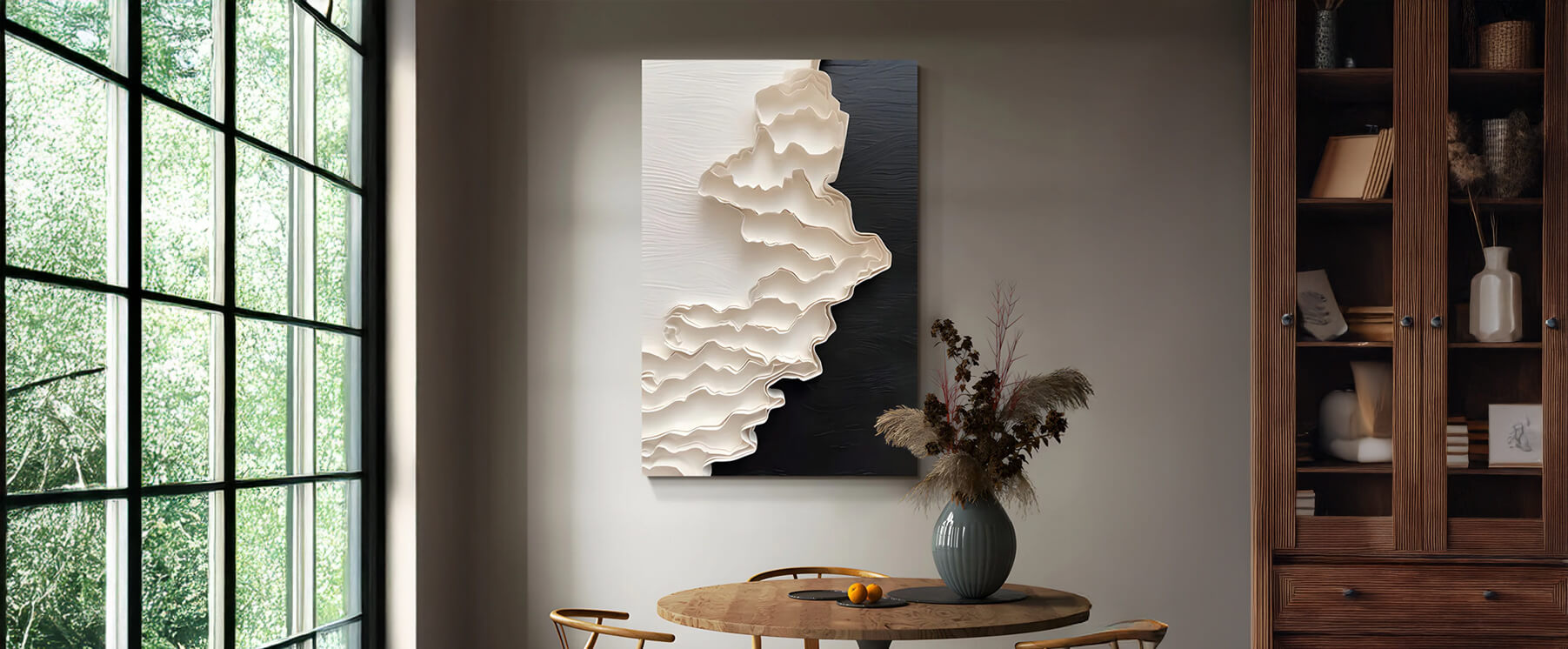 Canvas Art: A cozy dining nook featuring a textured wall art piece with layered white elements against a dark backdrop, adding depth to the space.