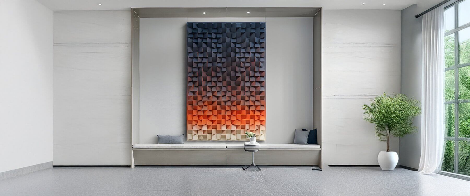 Gradient 3D wall art with layered geometric tiles transitioning from deep blue to fiery orange, featured in a modern minimalist interior with a built-in bench and natural light.