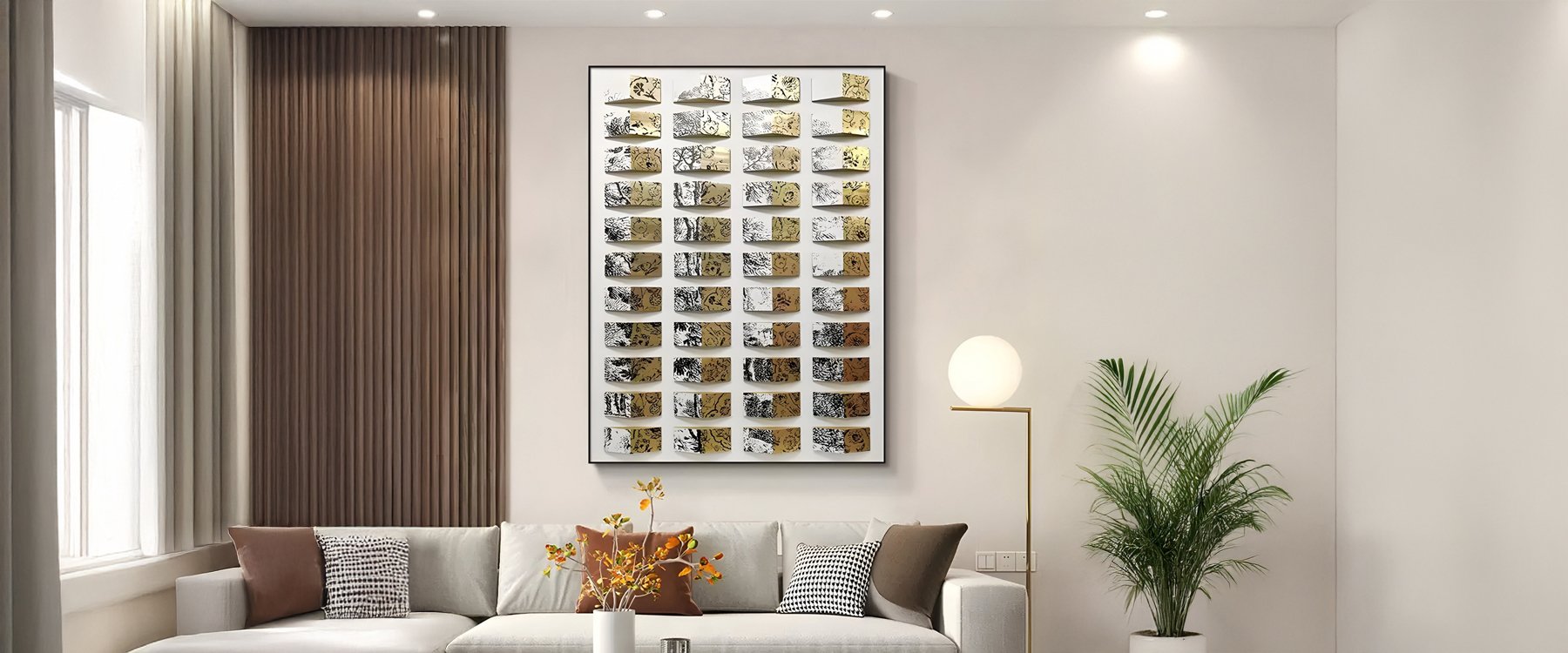 3D wooden wall art with gold and black patterned pieces arranged in a grid, adding depth and elegance to a cozy living room featuring neutral furniture and modern accents.