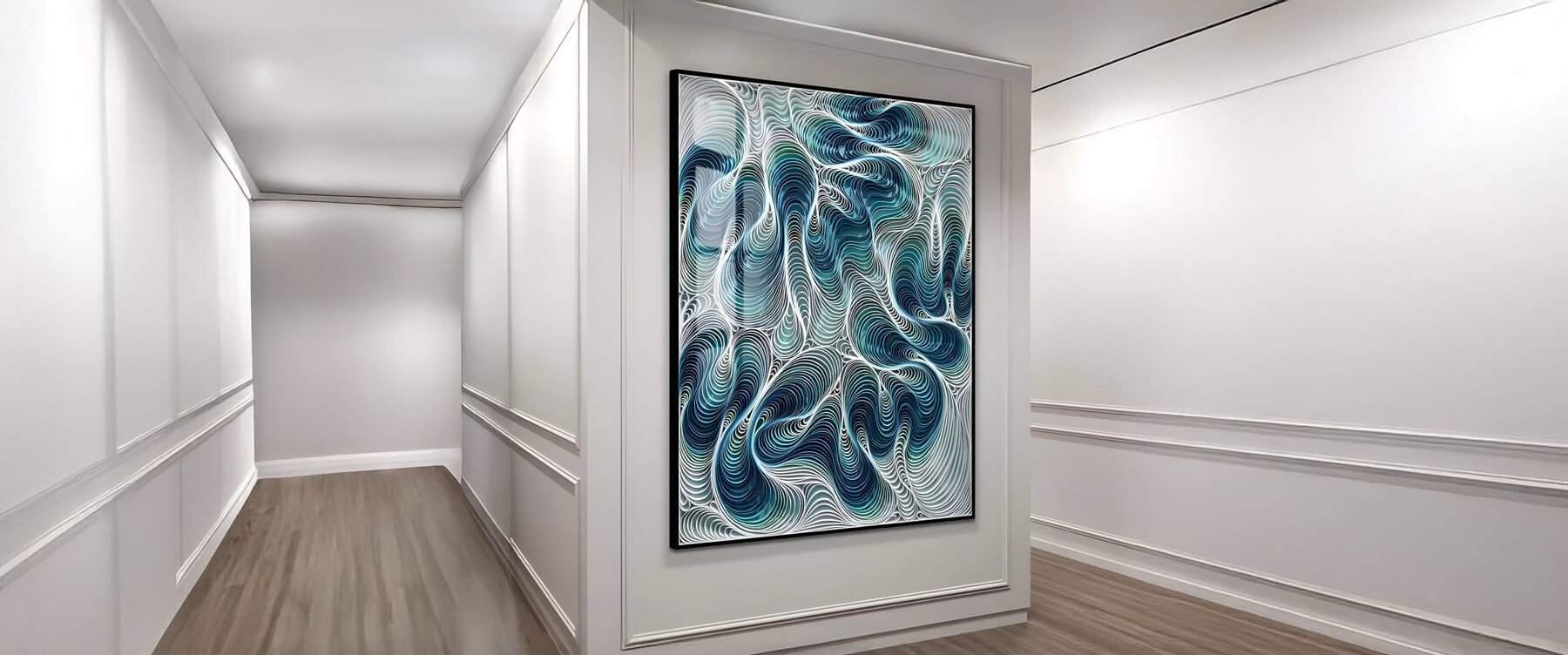 Blue Abstract Hallway Art – A large framed blue abstract painting with fluid patterns, displayed in a modern white hallway.