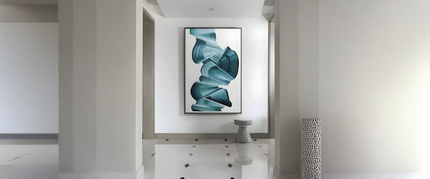 A sleek hallway featuring a large framed abstract hallway art painting with flowing blue shapes on a white background, creating a striking focal point in the minimalist space.