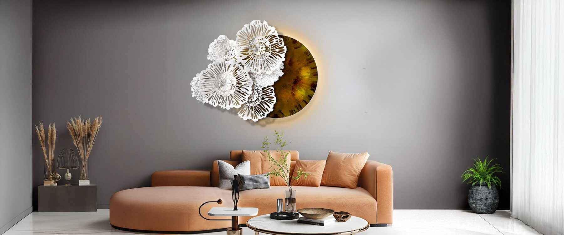 Modern 3D floral wall art with white intricate designs and a LED glowing circular background, accentuating a contemporary living room with warm beige seating and minimalist decor.