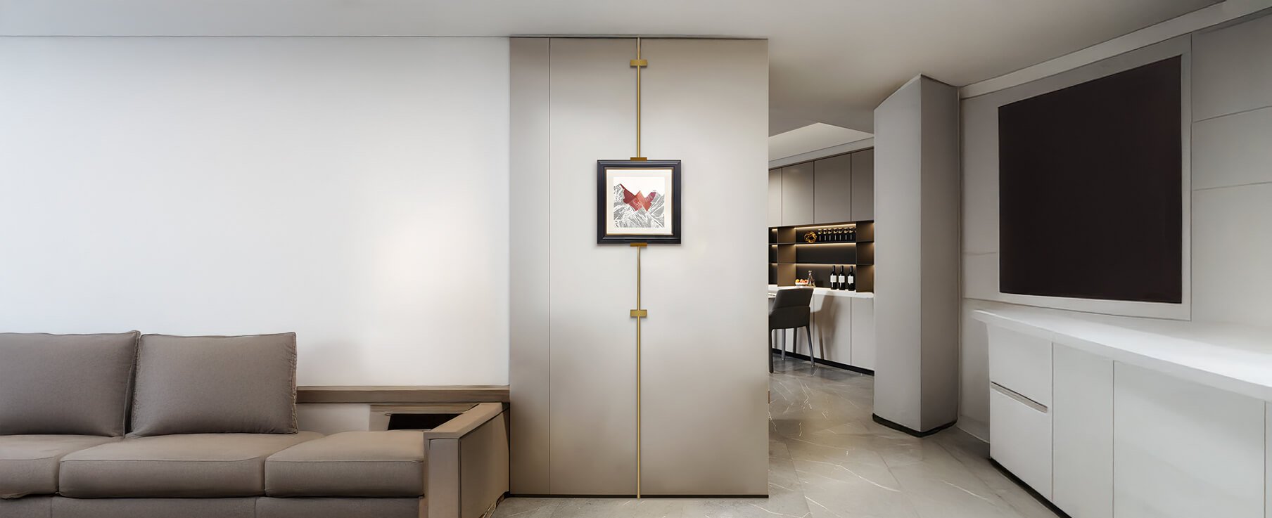 Landscape Art:  A modern minimalist living space with a small framed artwork of a butterfly mounted on a sleek beige panel, enhancing the neutral aesthetic.