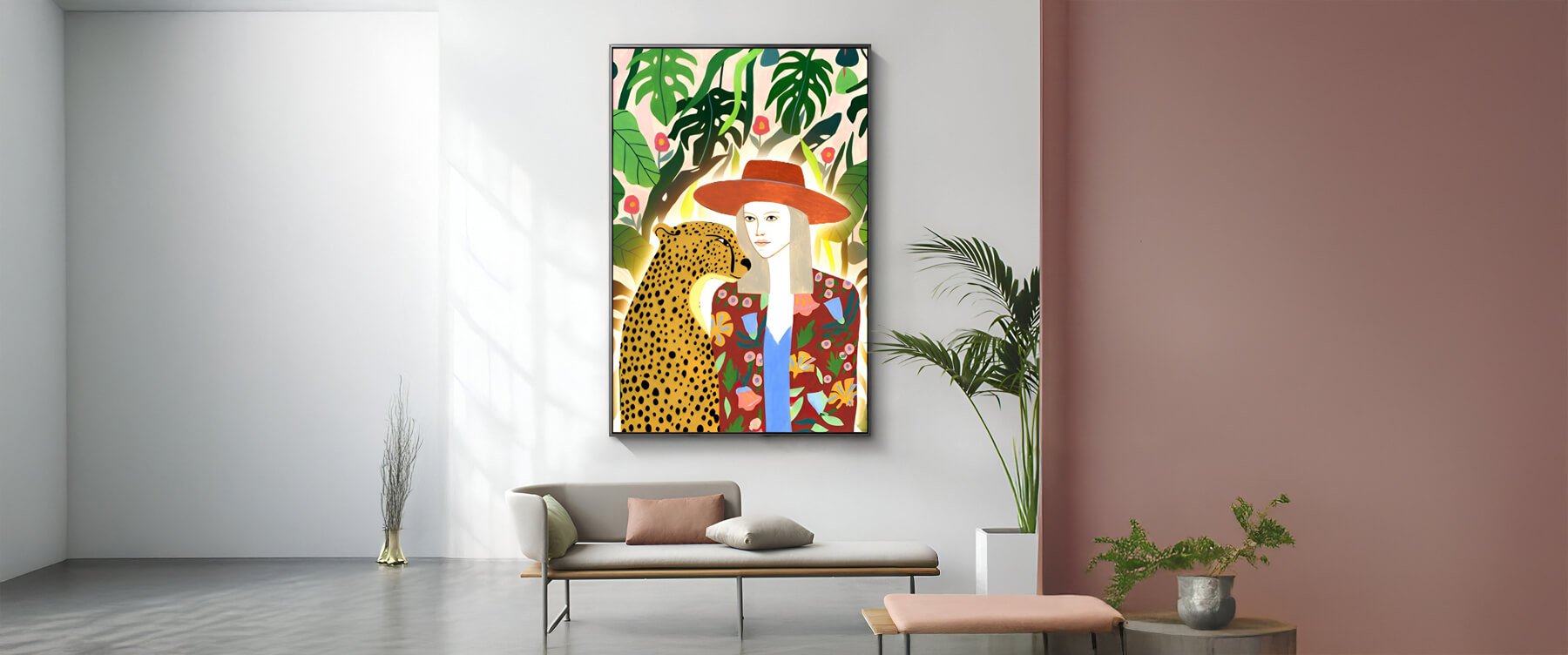 Vibrant office art painting of a woman with a leopard in a tropical setting, displayed in a modern minimalist room.