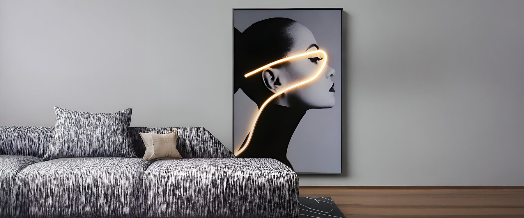 Striking 3D art portrait of a woman in grayscale with a glowing neon line accent, displayed in a modern living room with a textured sofa and minimalist decor.