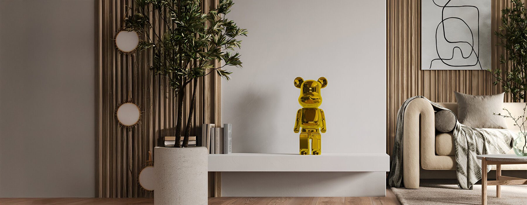 Stylish interior featuring a gold bear sculpture on a white console table, complemented by modern decor elements, a neutral-toned armchair, and wooden accent walls with greenery.