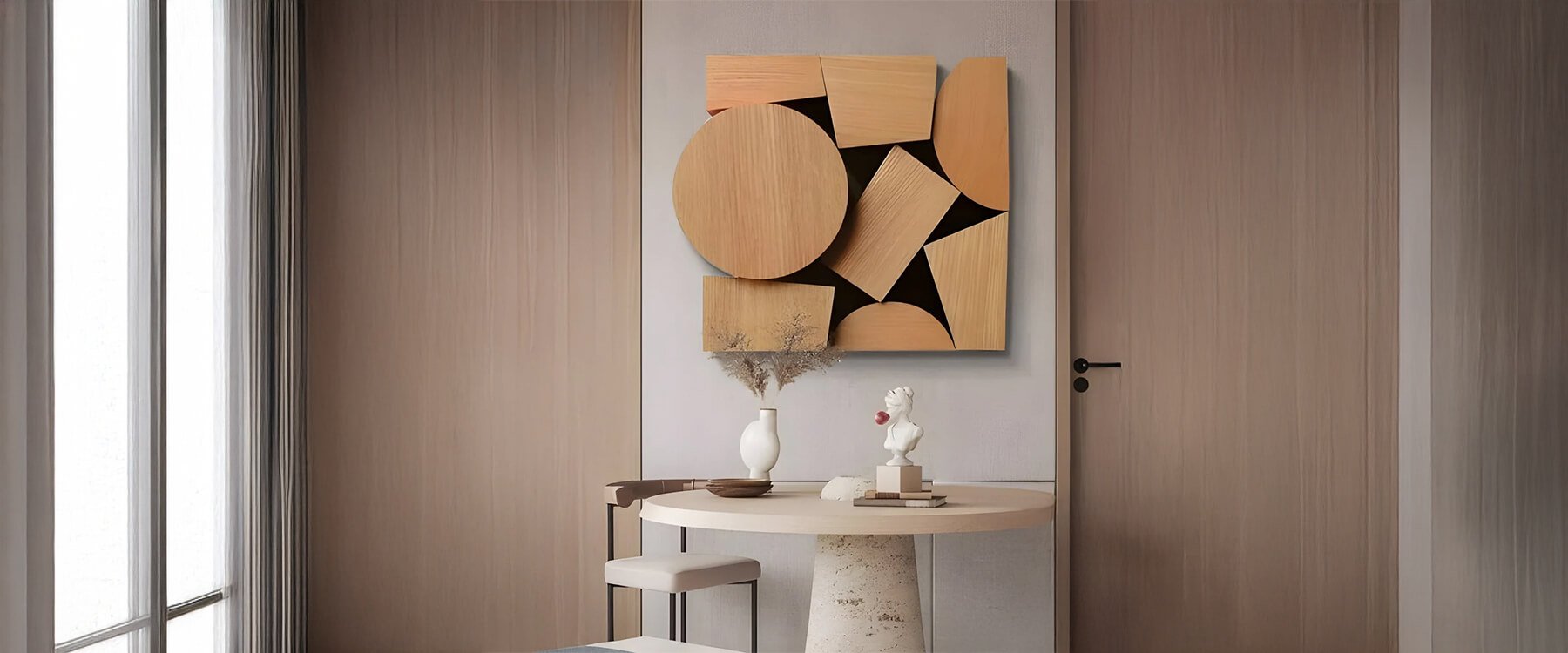 A minimalist dining area with a round table, chairs, and geometric wooden wall art on a wood-paneled wall.