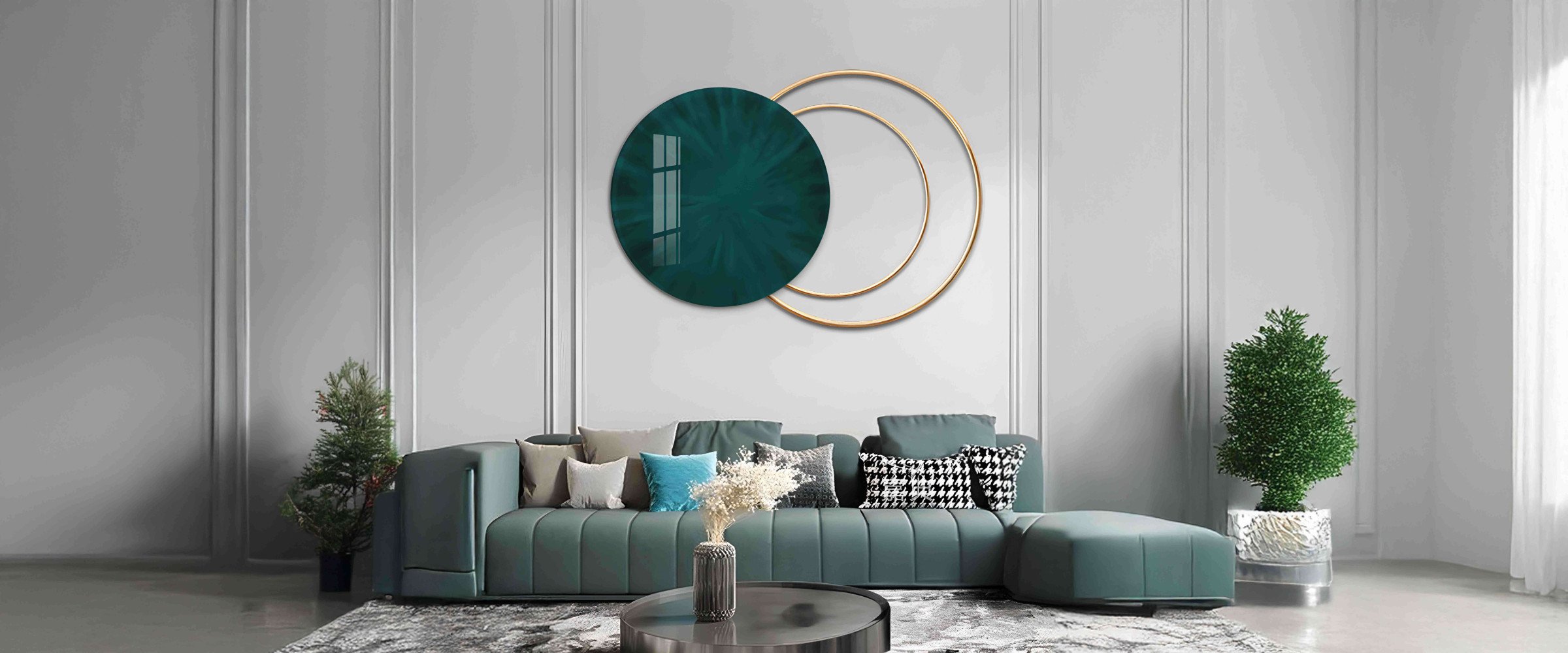 Abstract living room 3D Art with teal and gold circles, creating a striking visual effect on the wall, displayed above a modern teal sofa with patterned pillows and sleek décor