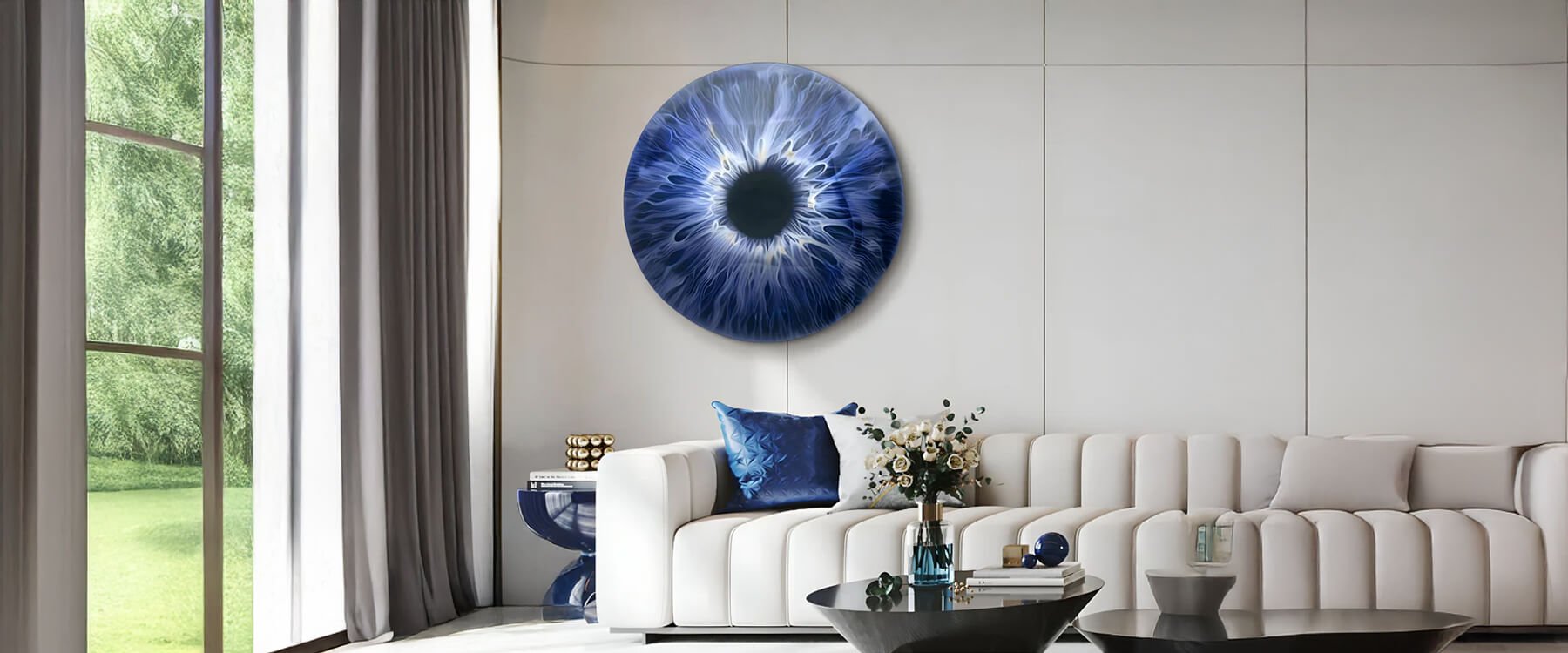 Living Room Art: Contemporary living room with a circular blue and black wall art piece above a white sofa, complemented by modern decor elements.