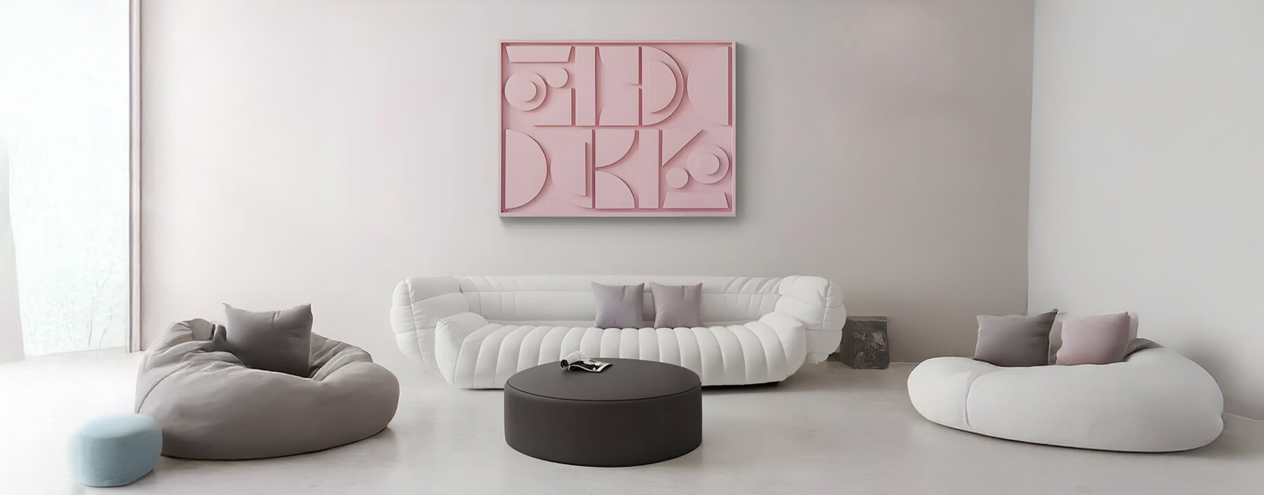 A light and airy living room featuring a blush pink abstract typography painting, complemented by plush white seating and neutral decor.