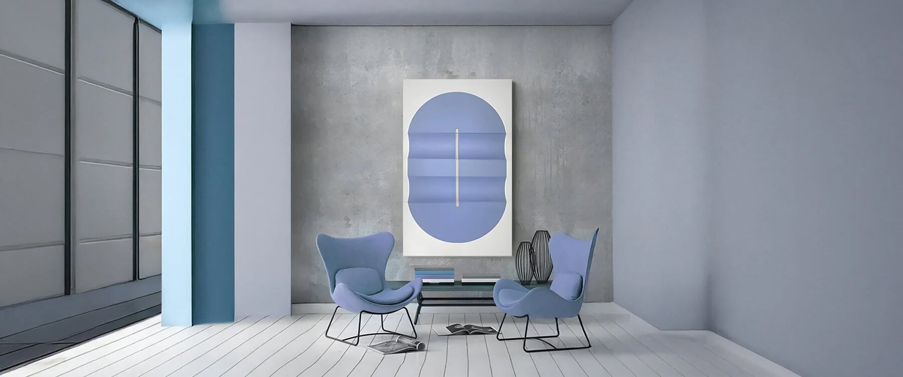 A contemporary living space featuring a blue-themed abstract artwork, two stylish blue chairs, and a sleek metal coffee table against a grey concrete wall.