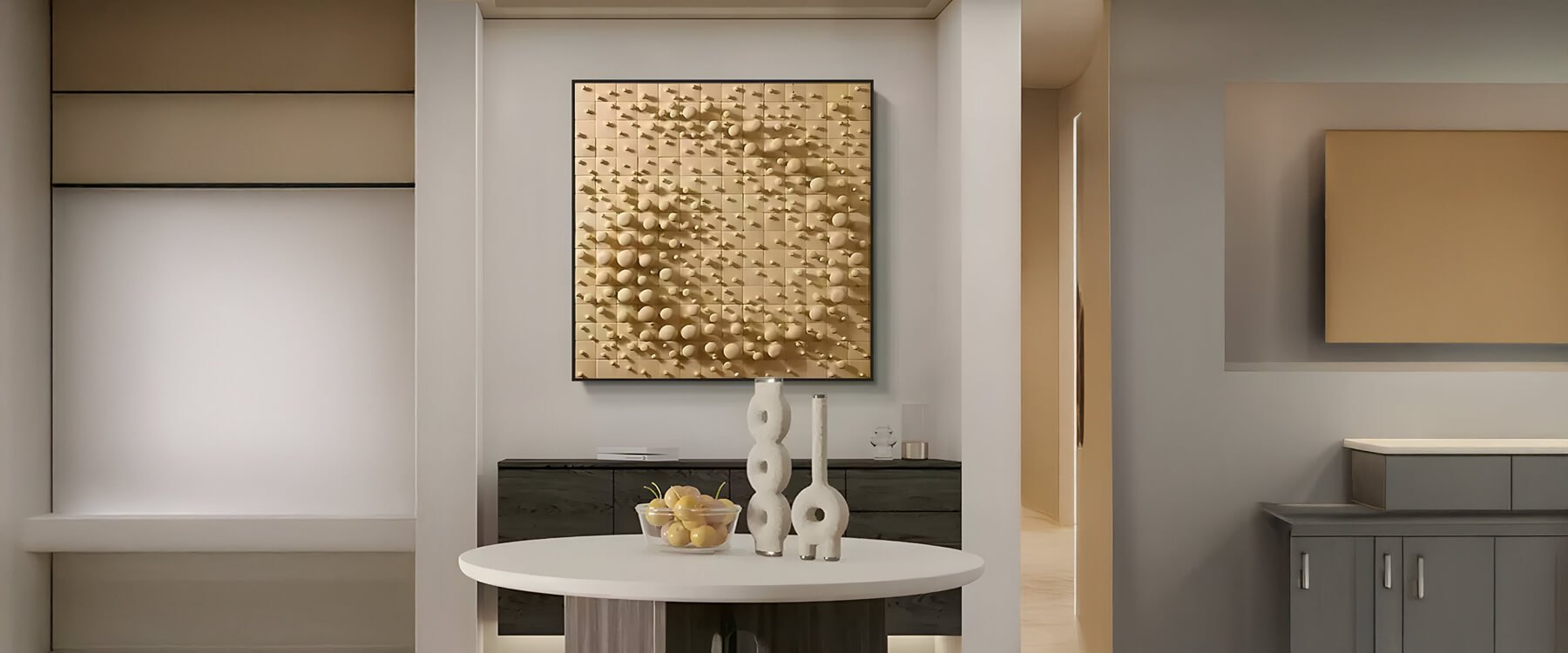 Luxurious interior with a golden textured wood art piece above a round table.