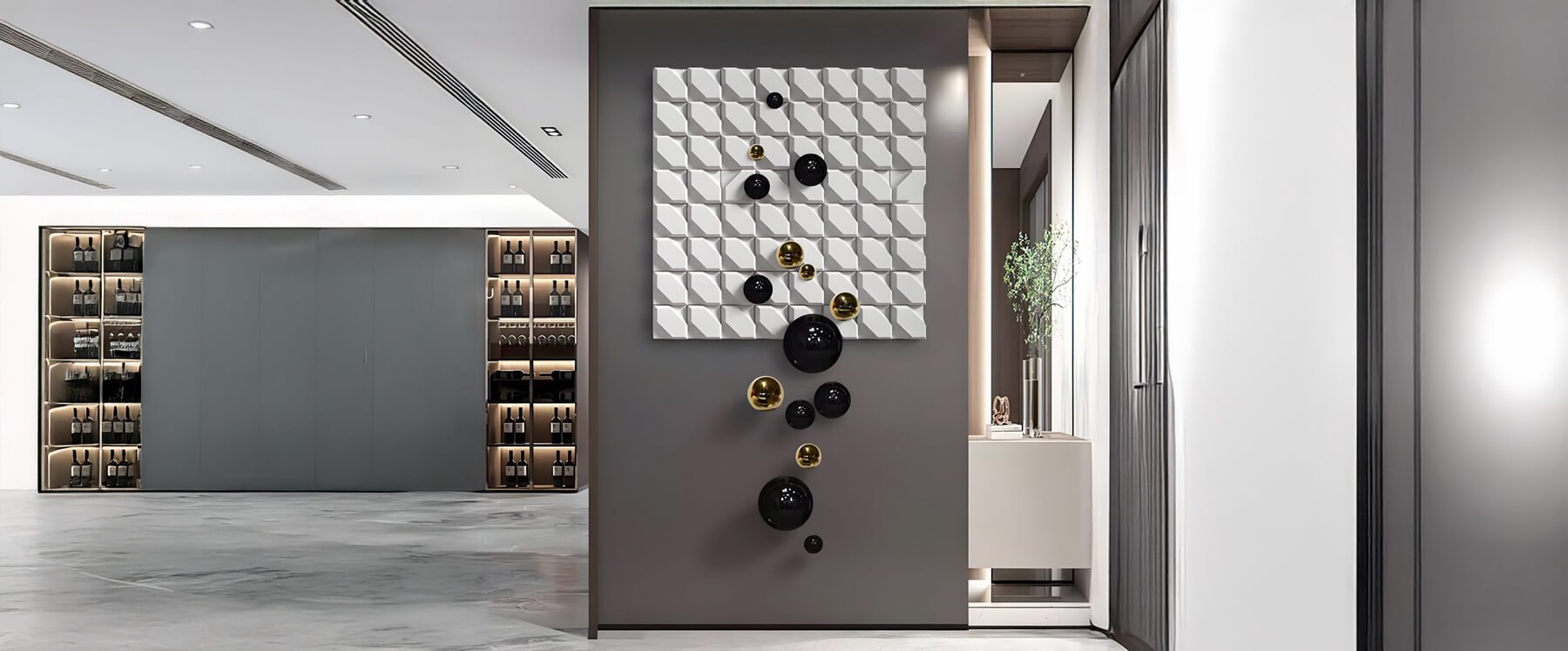 Abstract 3D Wall Art with Metallic Spheres – A modern wall sculpture featuring a geometric white panel with raised patterns, accented by black and gold metallic spheres cascading down. Displayed in a sophisticated hallway with a contemporary design.