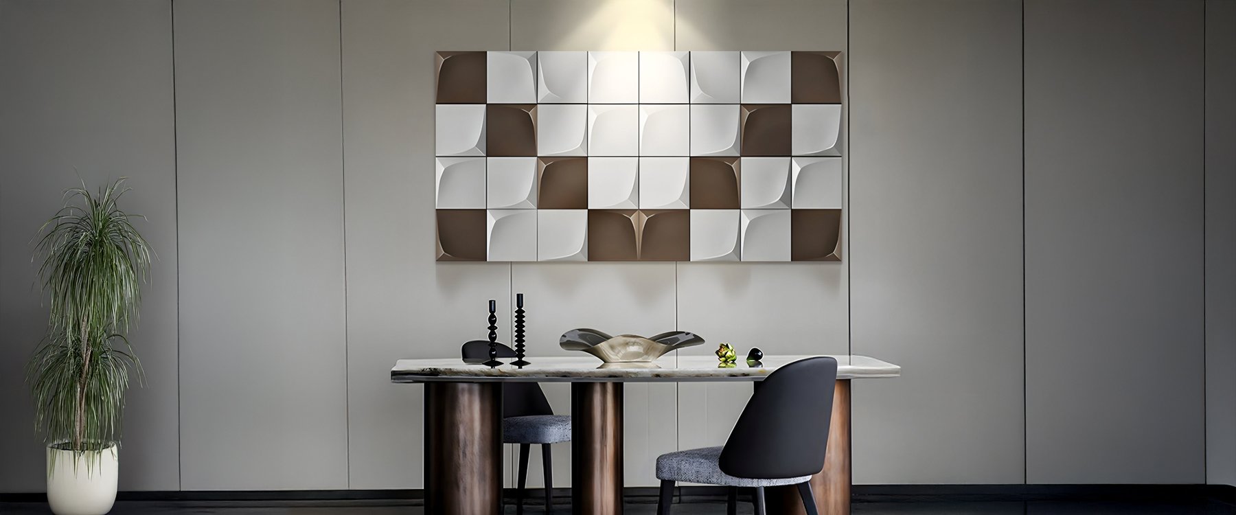 Minimalist office with geometric wall art, modern desk, and chair under focused spotlight.
