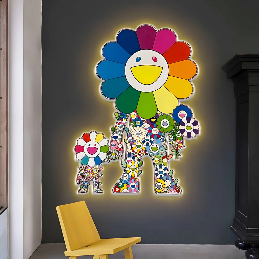 Playful neon-style wall art of two rainbow flower characters glowing on a dark wall above a yellow chair.